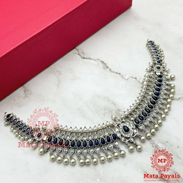 Beaming Blue Oxidised Choker Necklace