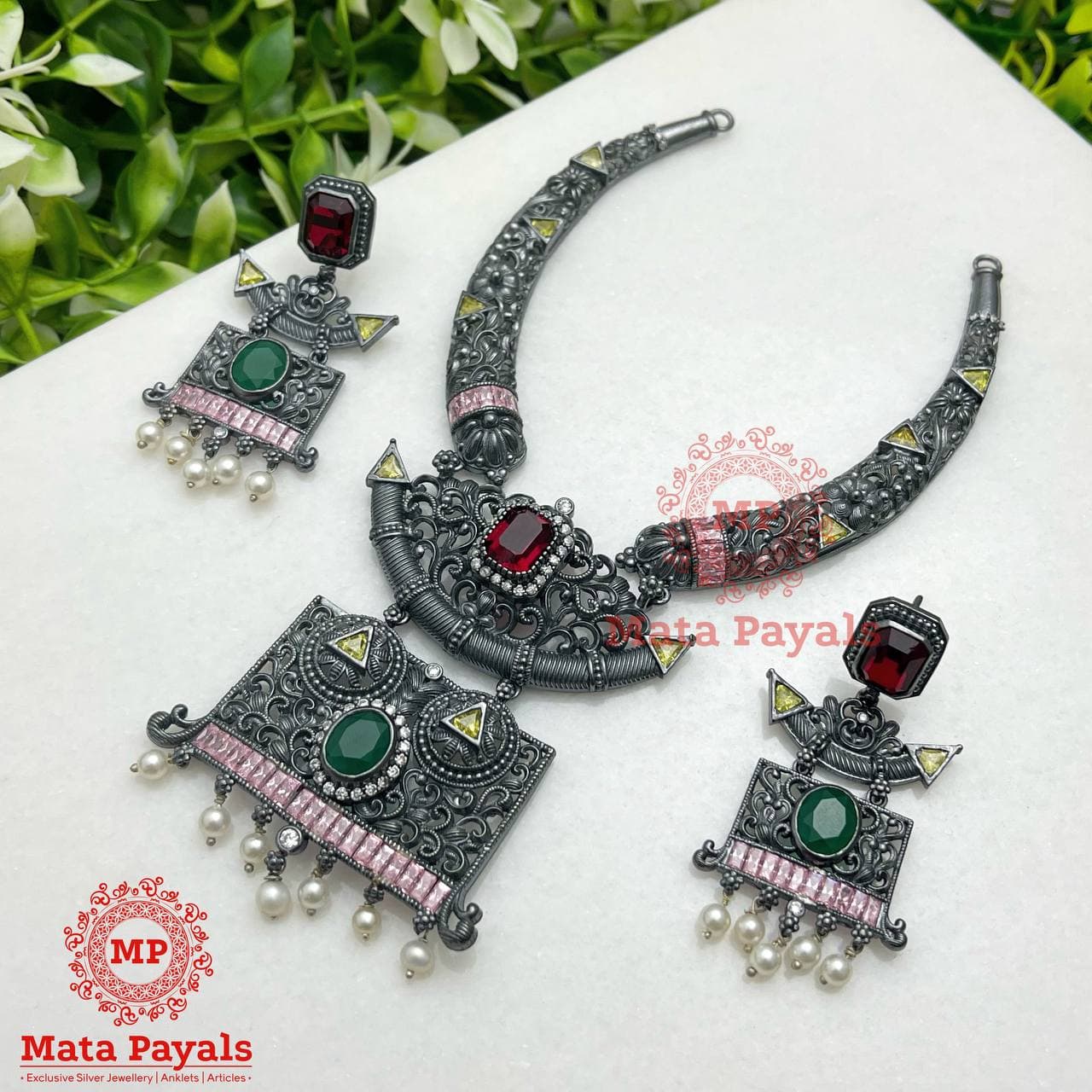 Colourful Motif Oxidised Necklace Set