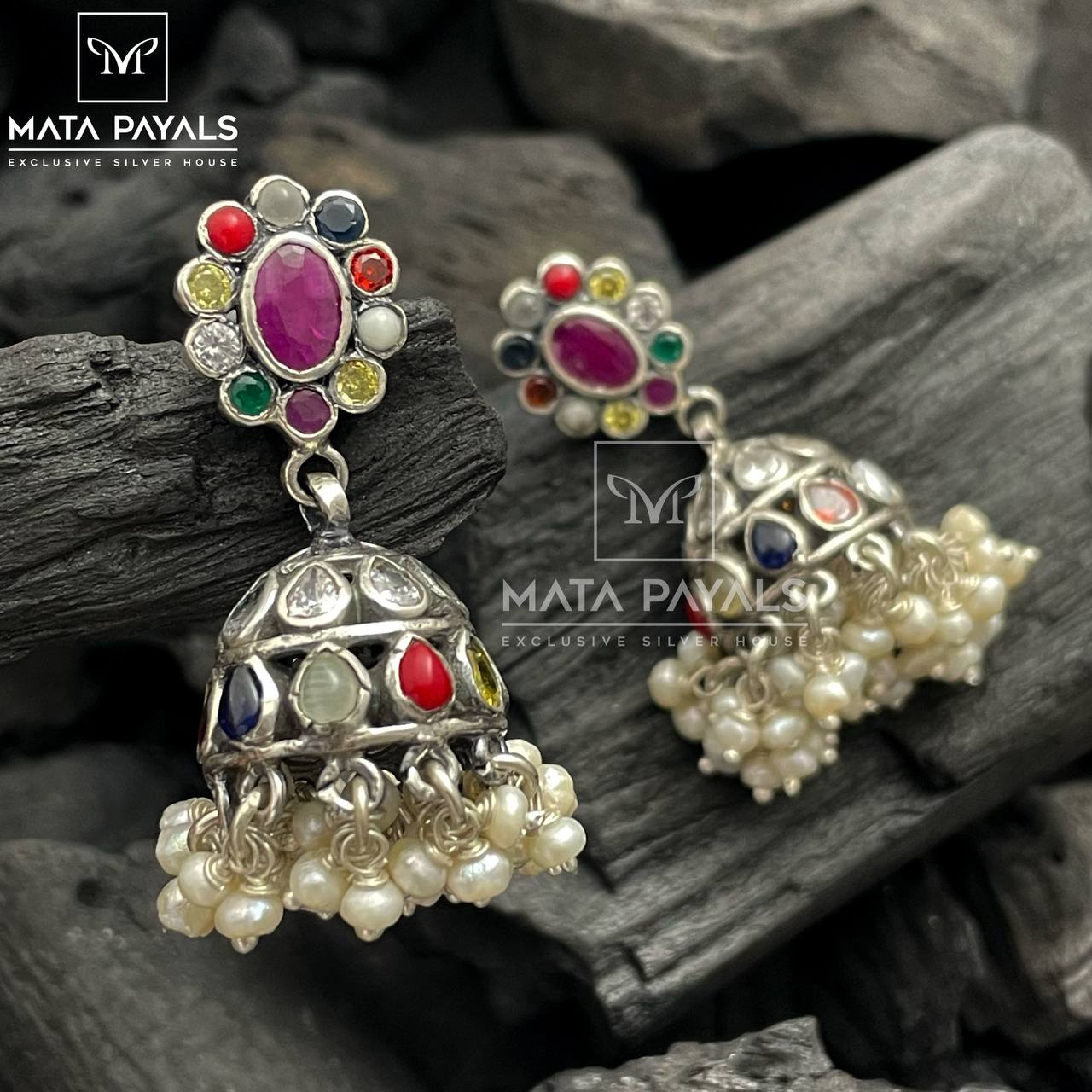 Colourful Navrathan Silver Jhumka