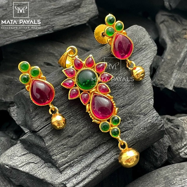 Elegant Pink & Green Gold Plated Pendant Set