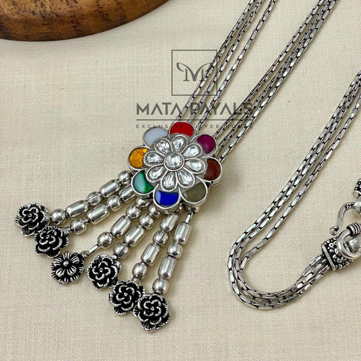 Floral Kundan Navratna Pendant Chain