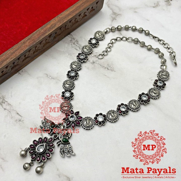 Gandaberunda Carved Floral Oxidised Necklace