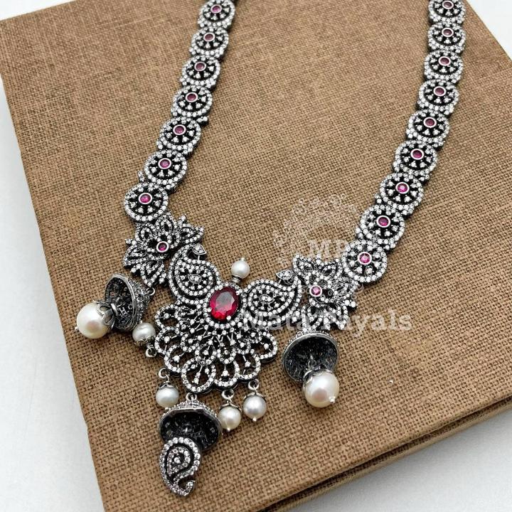 Gorgeous Zircon Oxidised Jhumki Necklace