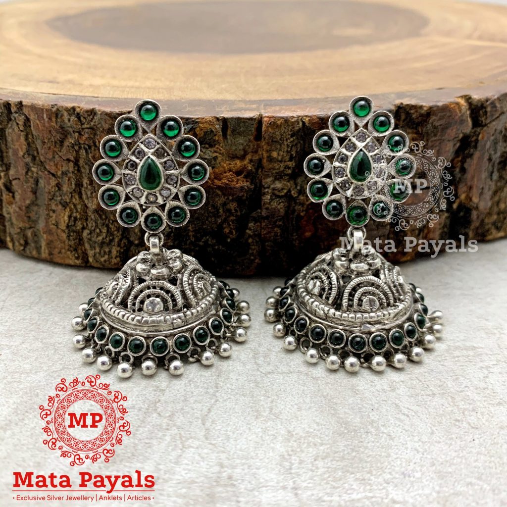 Green Dew Drop Oxidised Jhumka