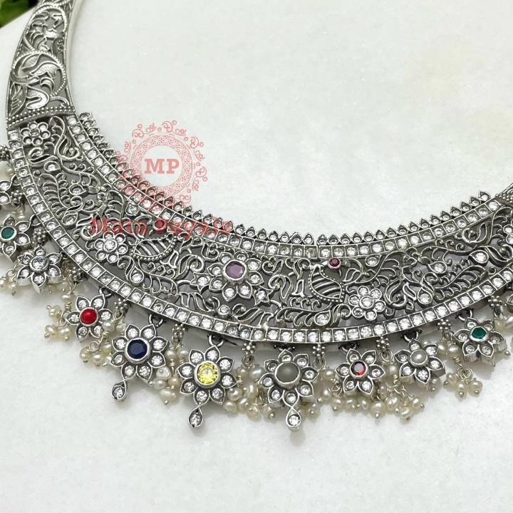 Lavish Navratan Oxidised Silver Necklace