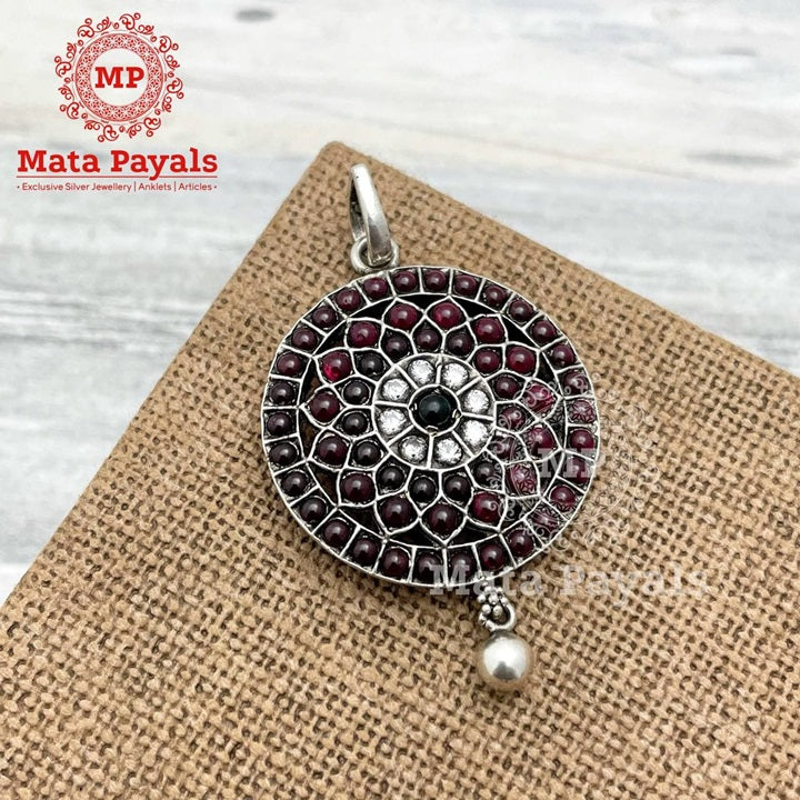 Red Mandala Oxidised Silver Pendant