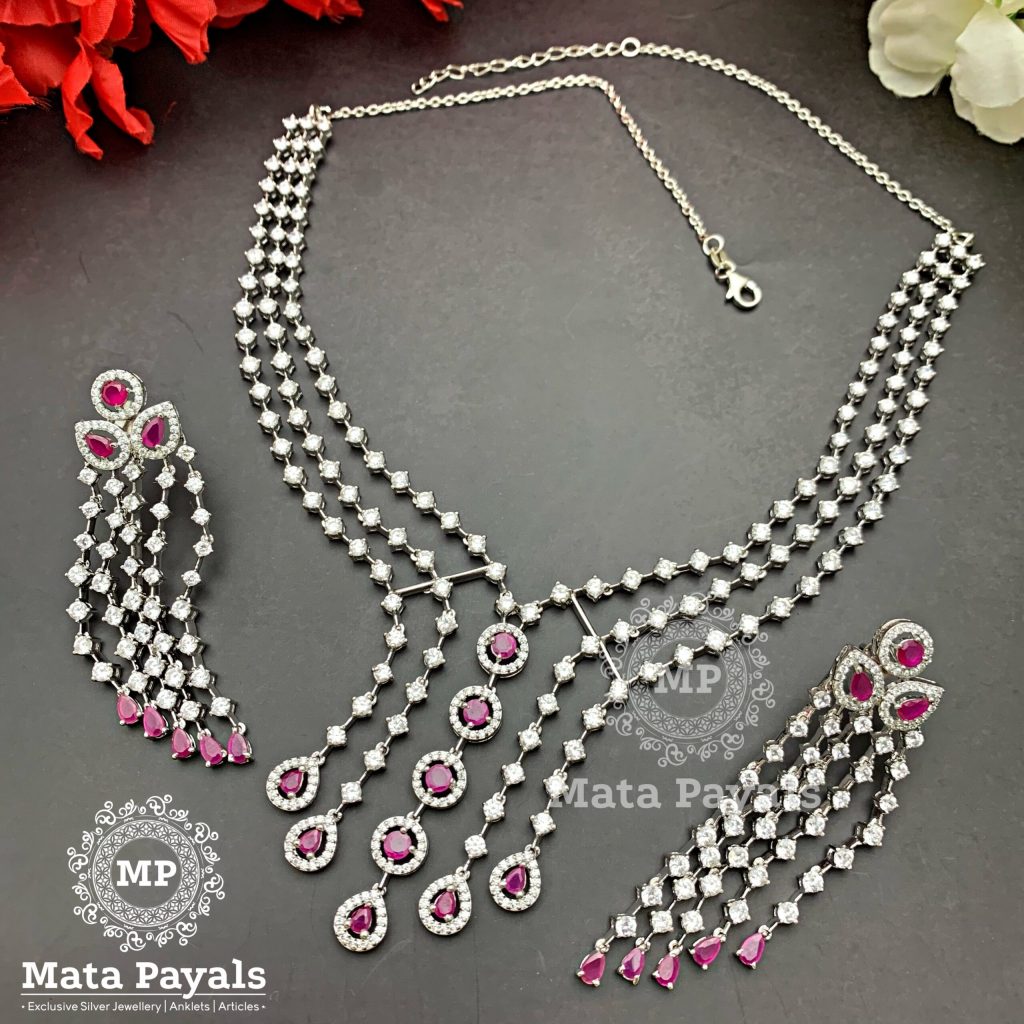 Three Layered Zircon Studded Necklace