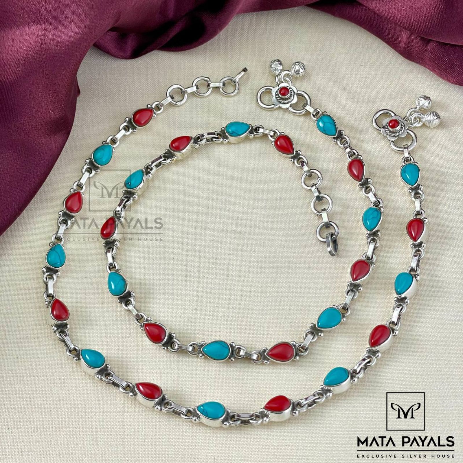 Coral Turquoise Silver Anklet