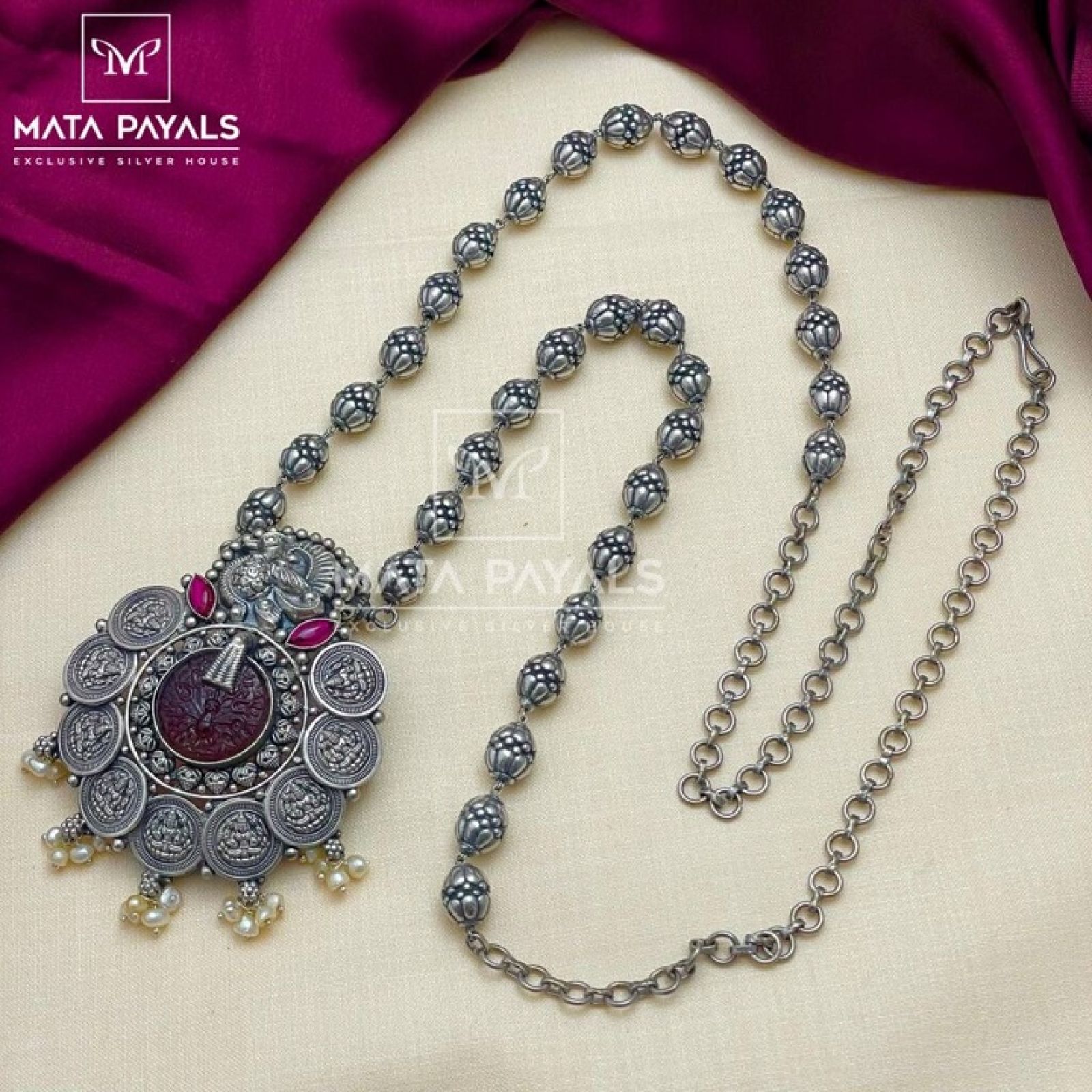 Divine Shri Lakshmi Kasu Beaded Oxidised Necklace