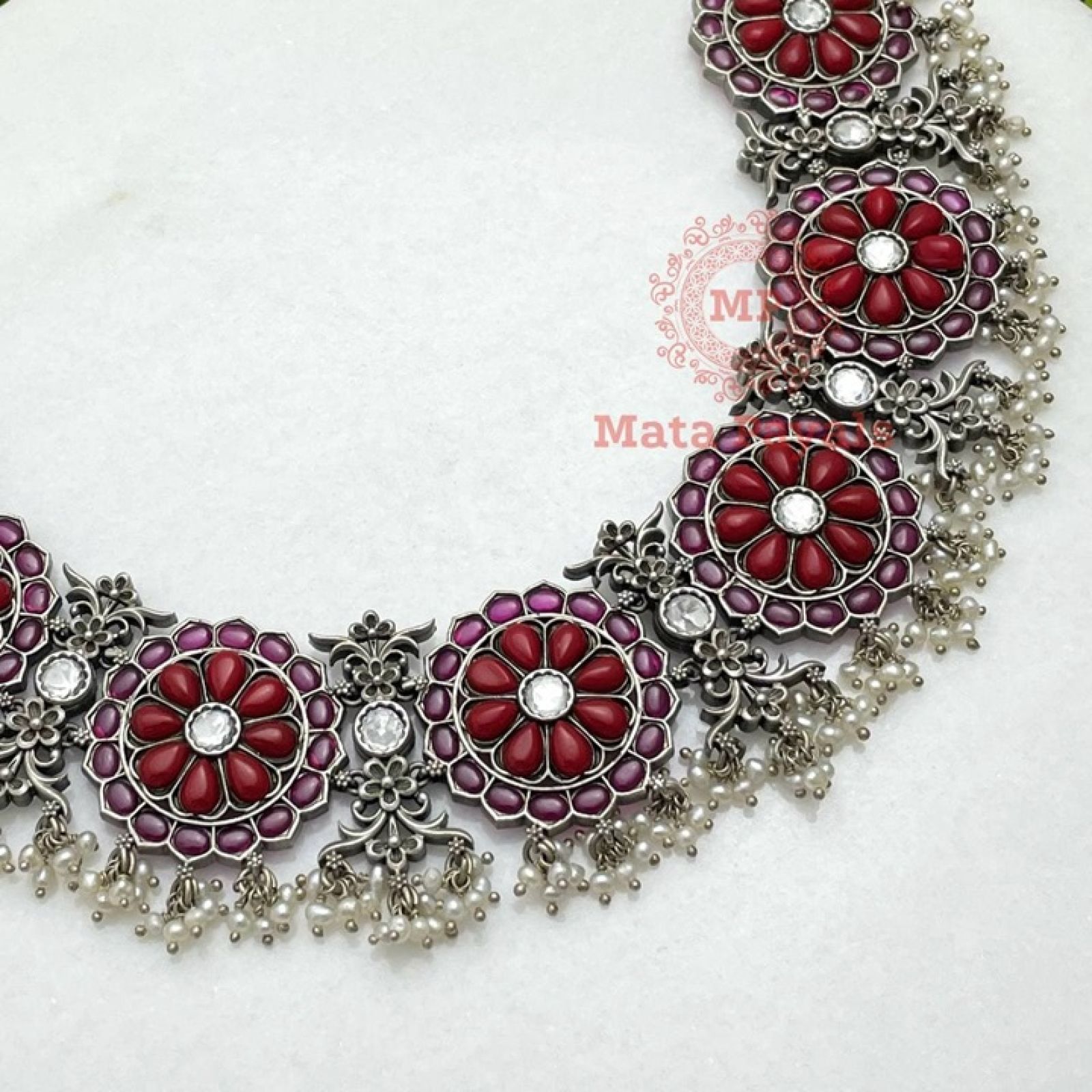 Exquisite Coral Floral Oxidised Necklace