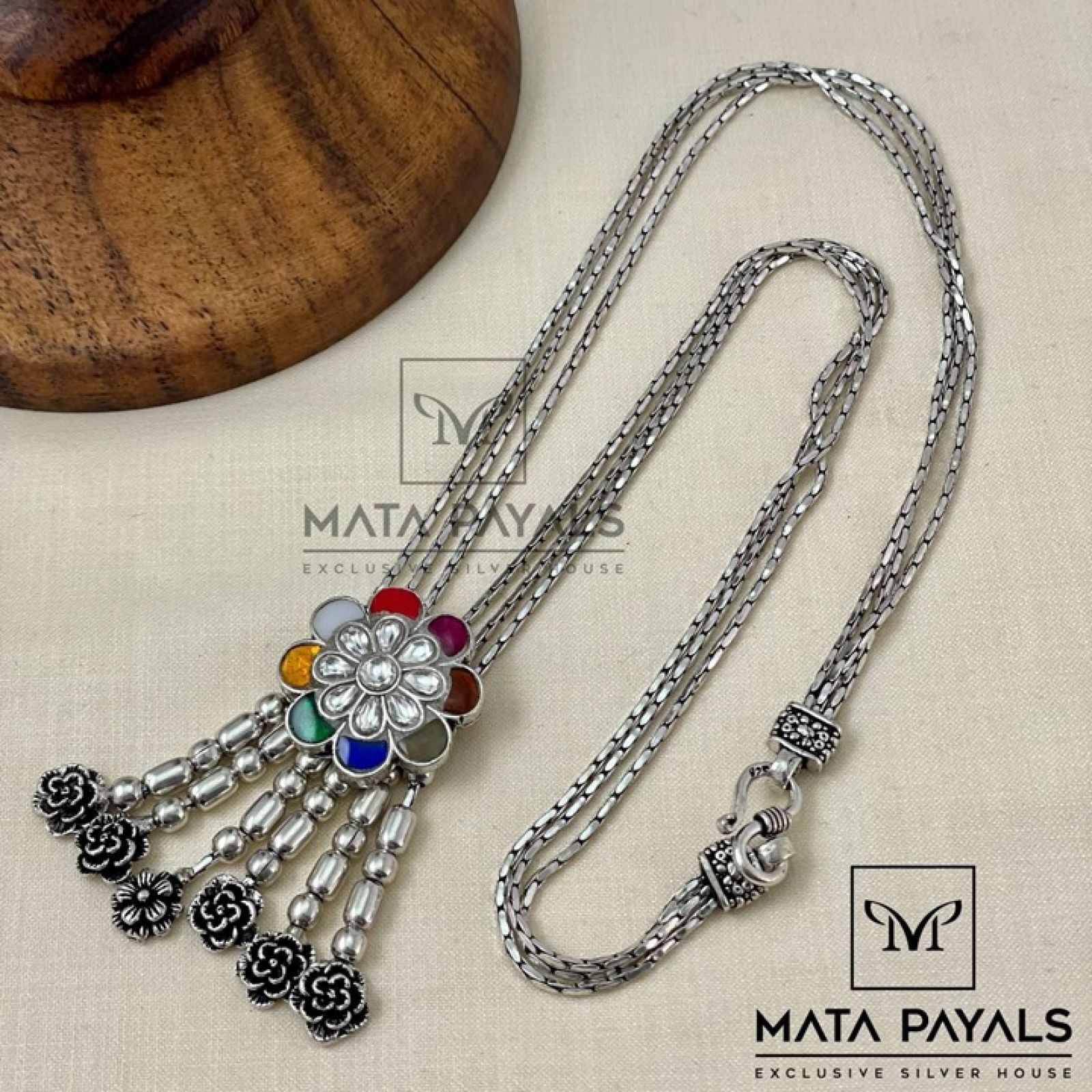 Floral Kundan Navratna Pendant Chain