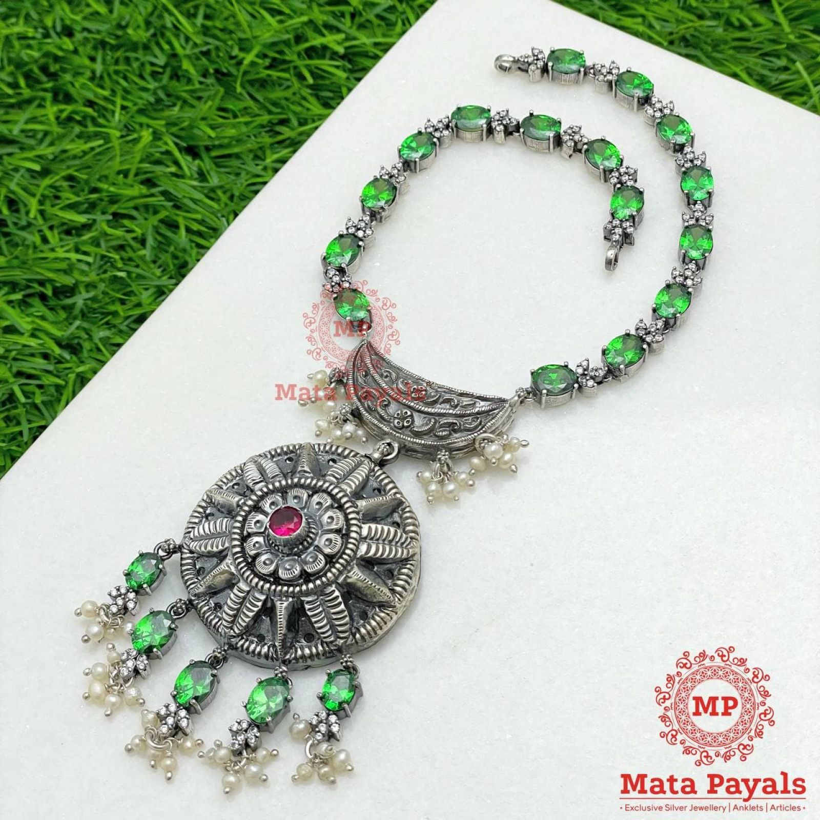 Imperial Green Floral Oxidised Necklace