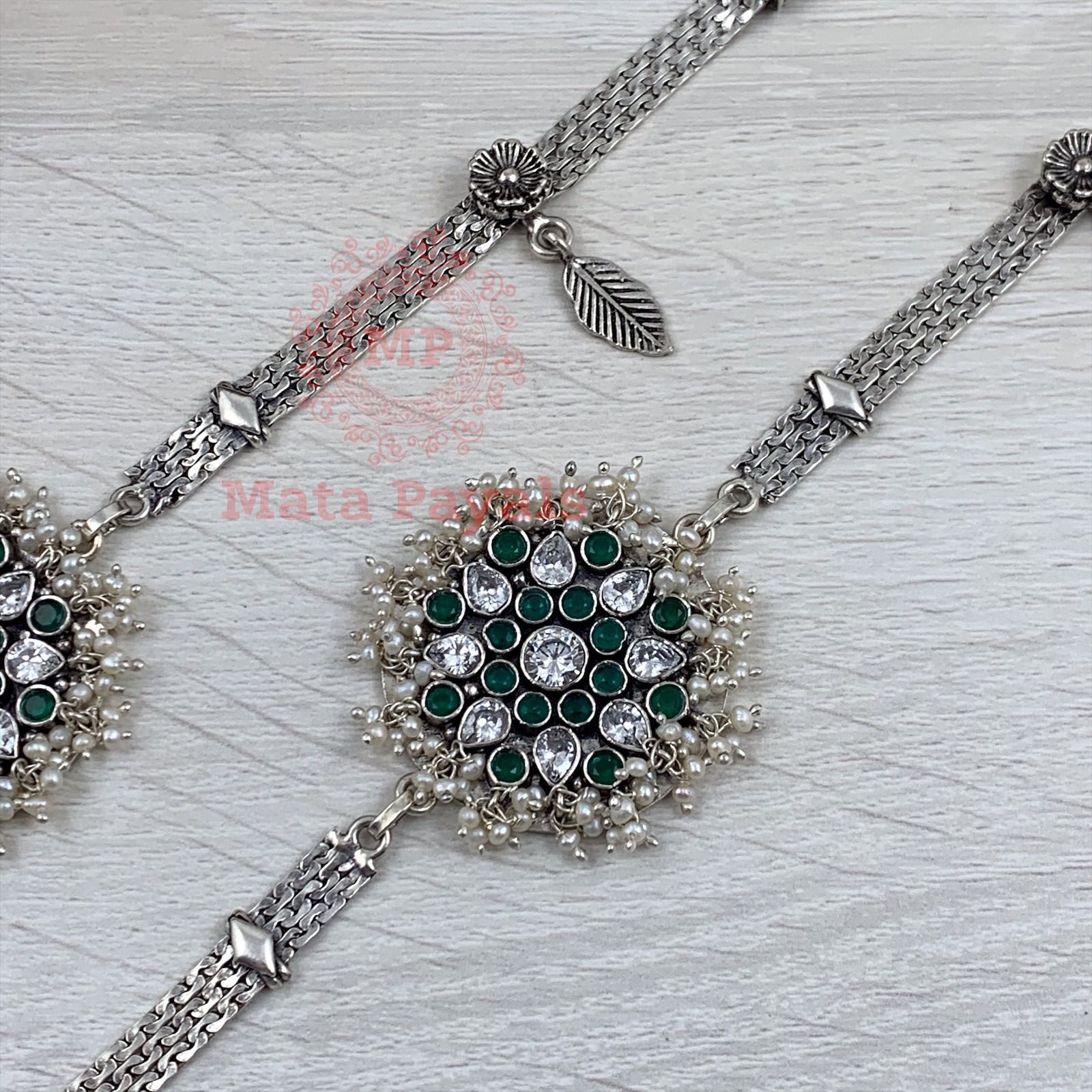 Pearl Bunch Green Stone Oxidised Anklet
