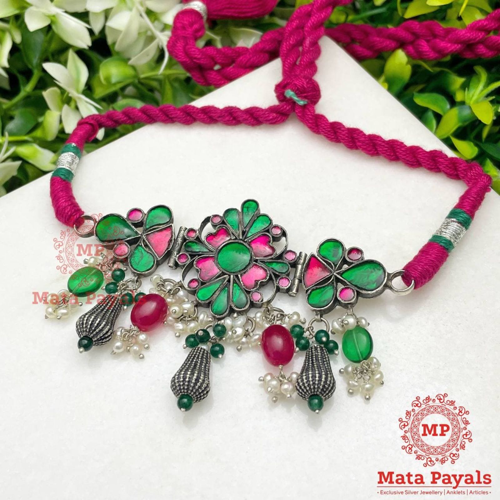 Red & Green Floral Oxidised Necklace