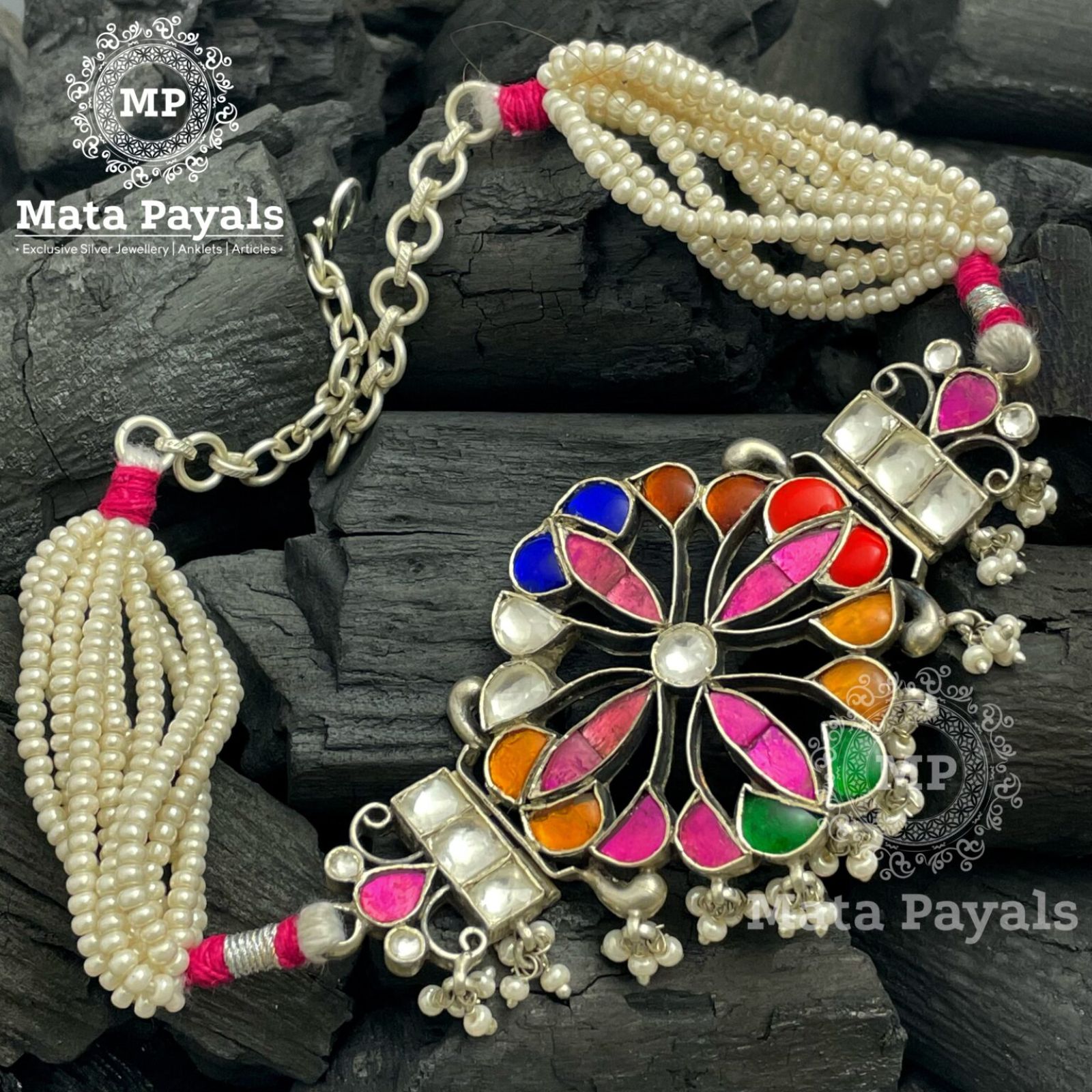 Royal Multi Colour Floral Silver Oxidised Necklace