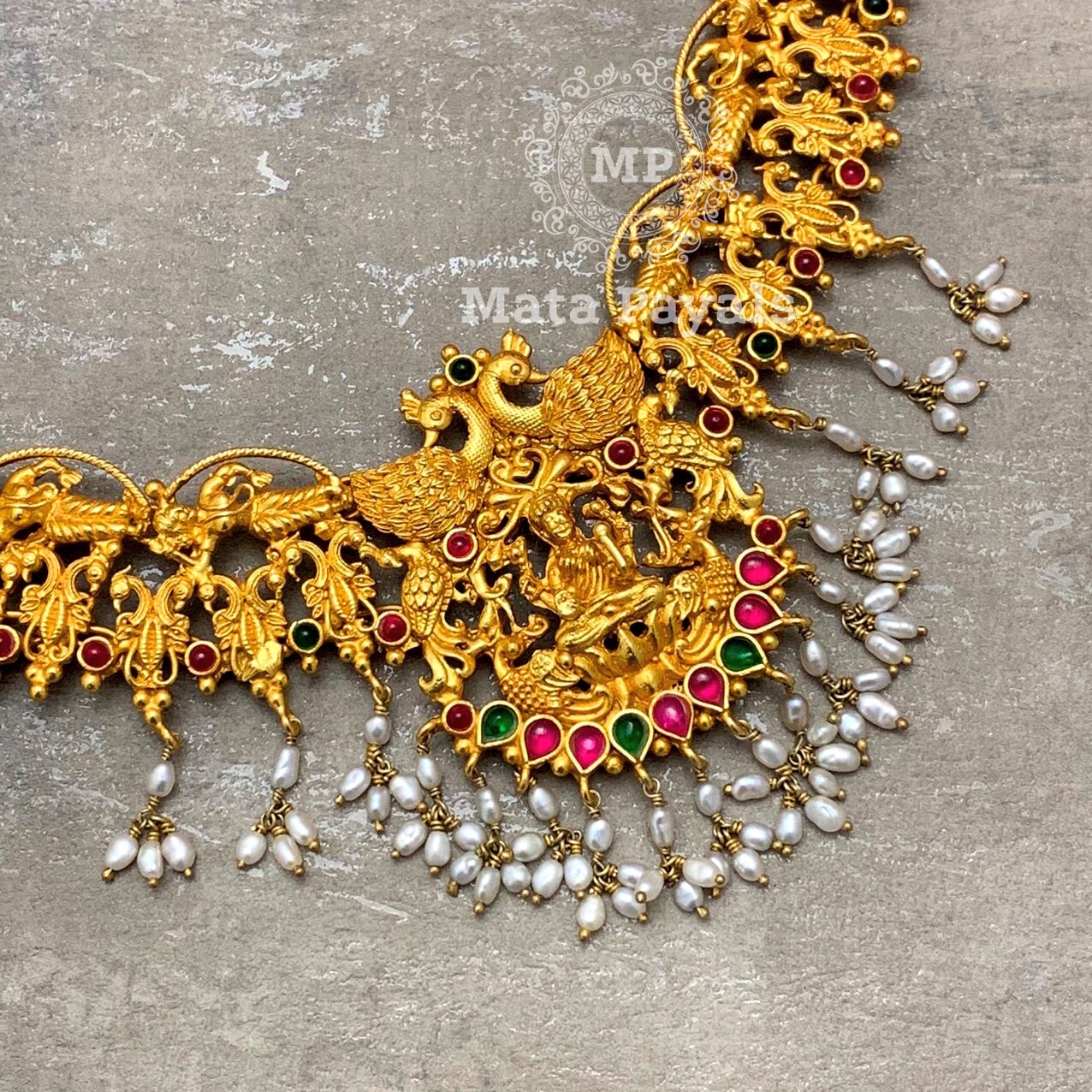 Marvelously Carved Devi Lakshmi Peacock Necklace