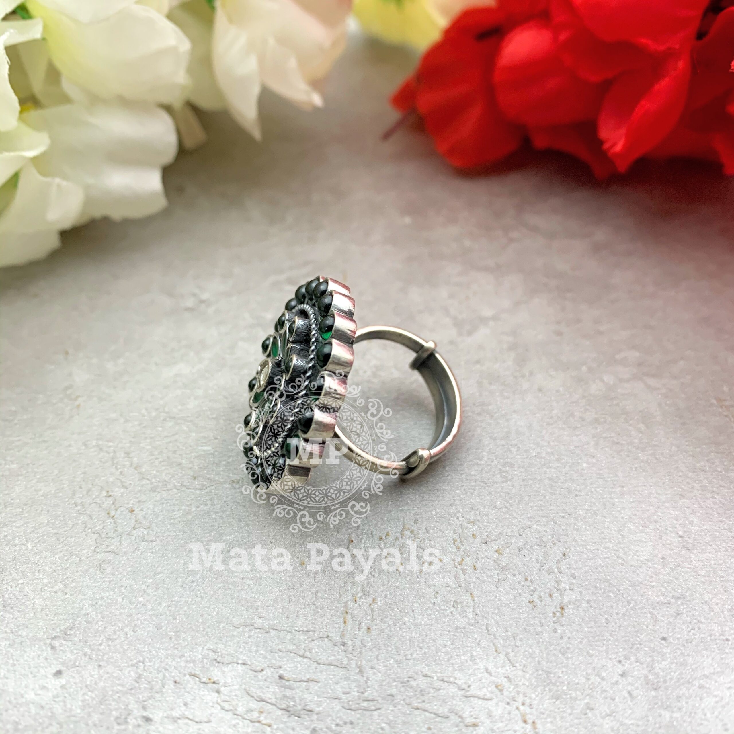 Charming Green Floral Oxidised Ring