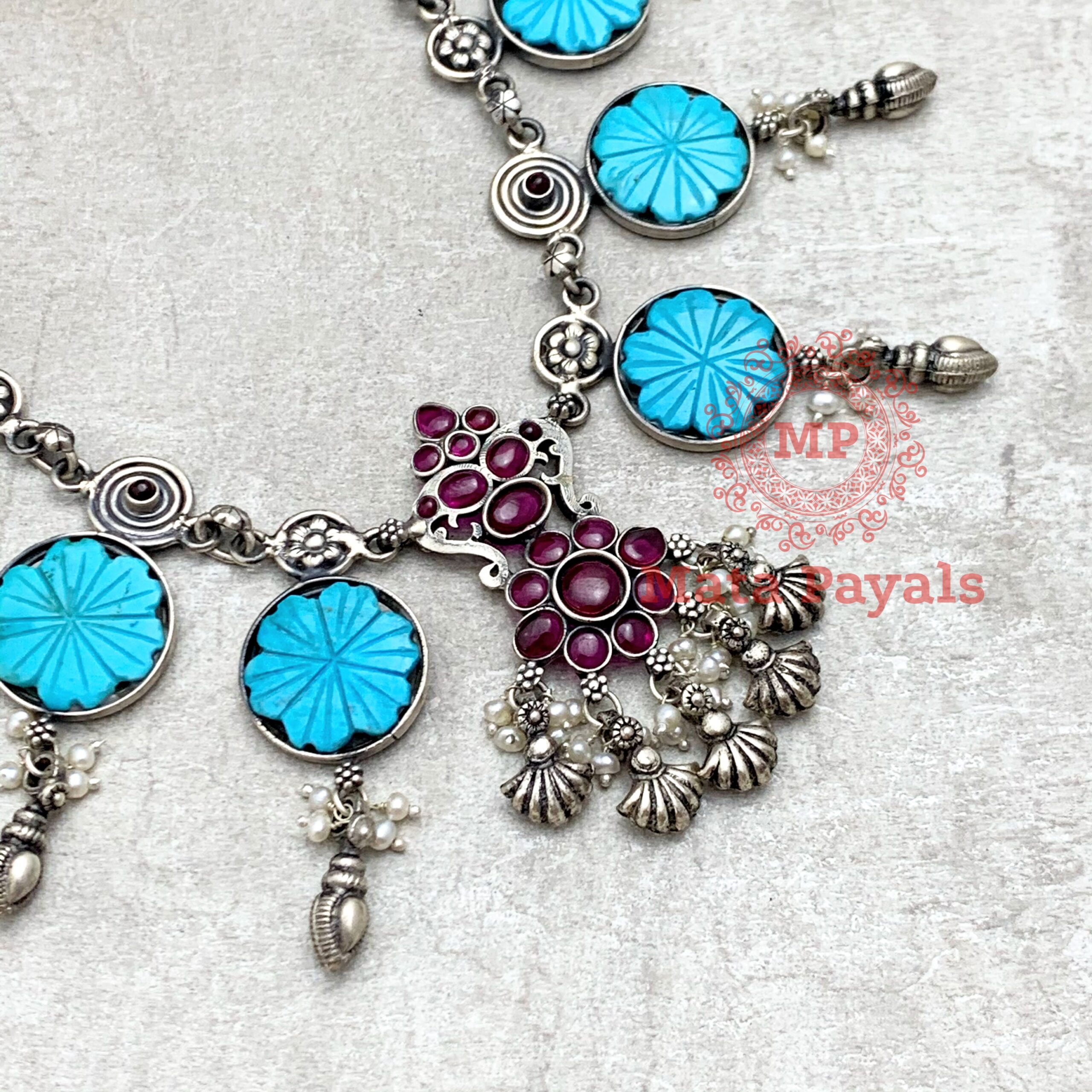 Turquoise Flower Enchanting Oxidised Necklace Set