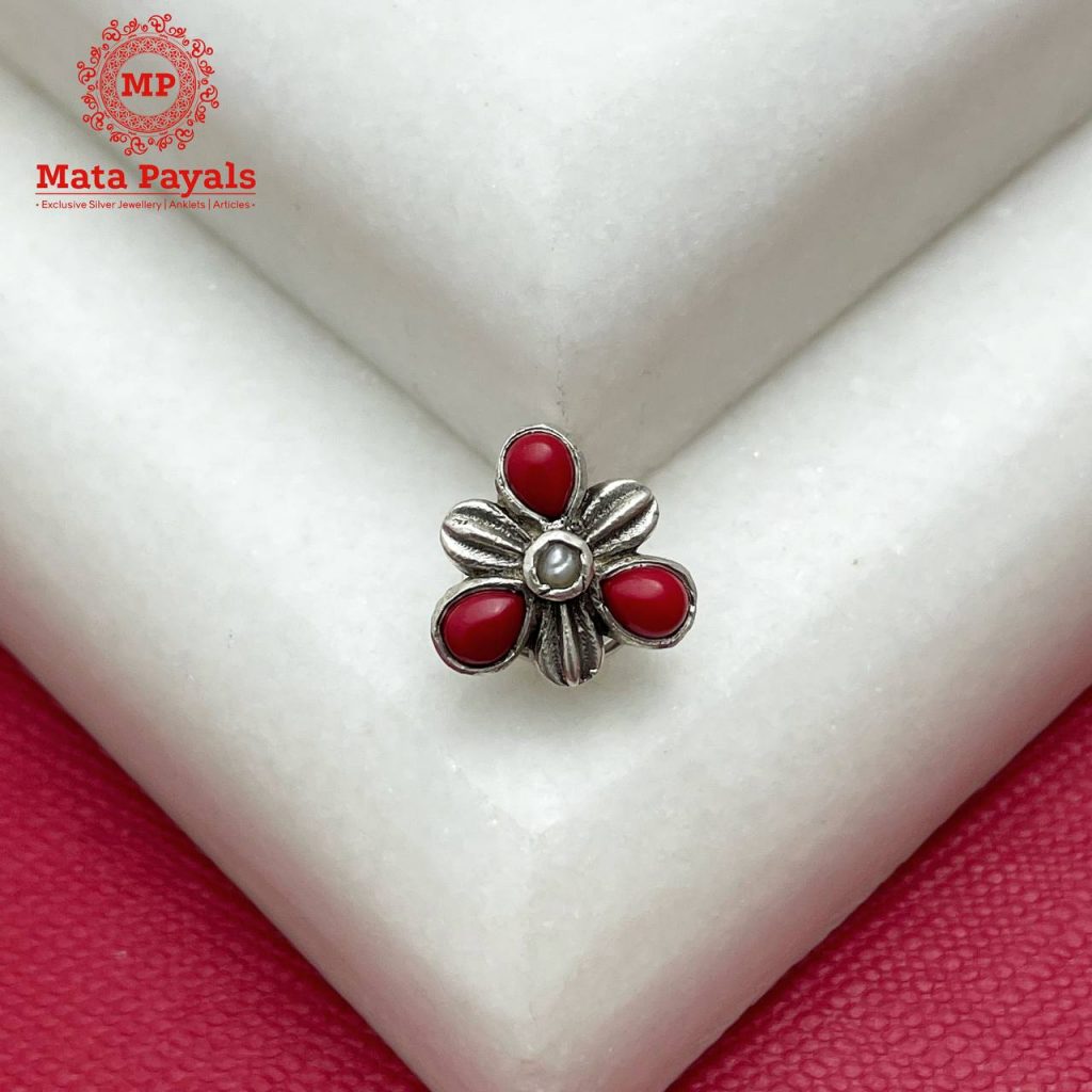 Coral Silver Flower Nose Pin