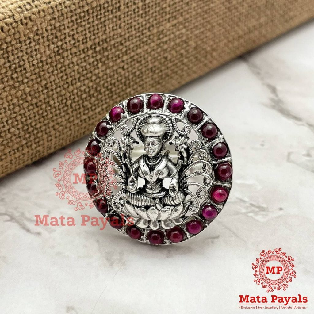 Devi Lakshmi Silver Oxidised Finger Ring
