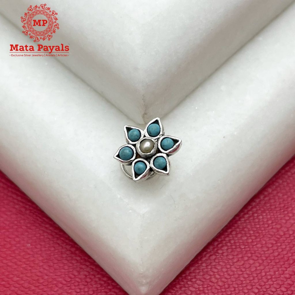 Turquoise Pearl Floral Oxidised Nose Pin