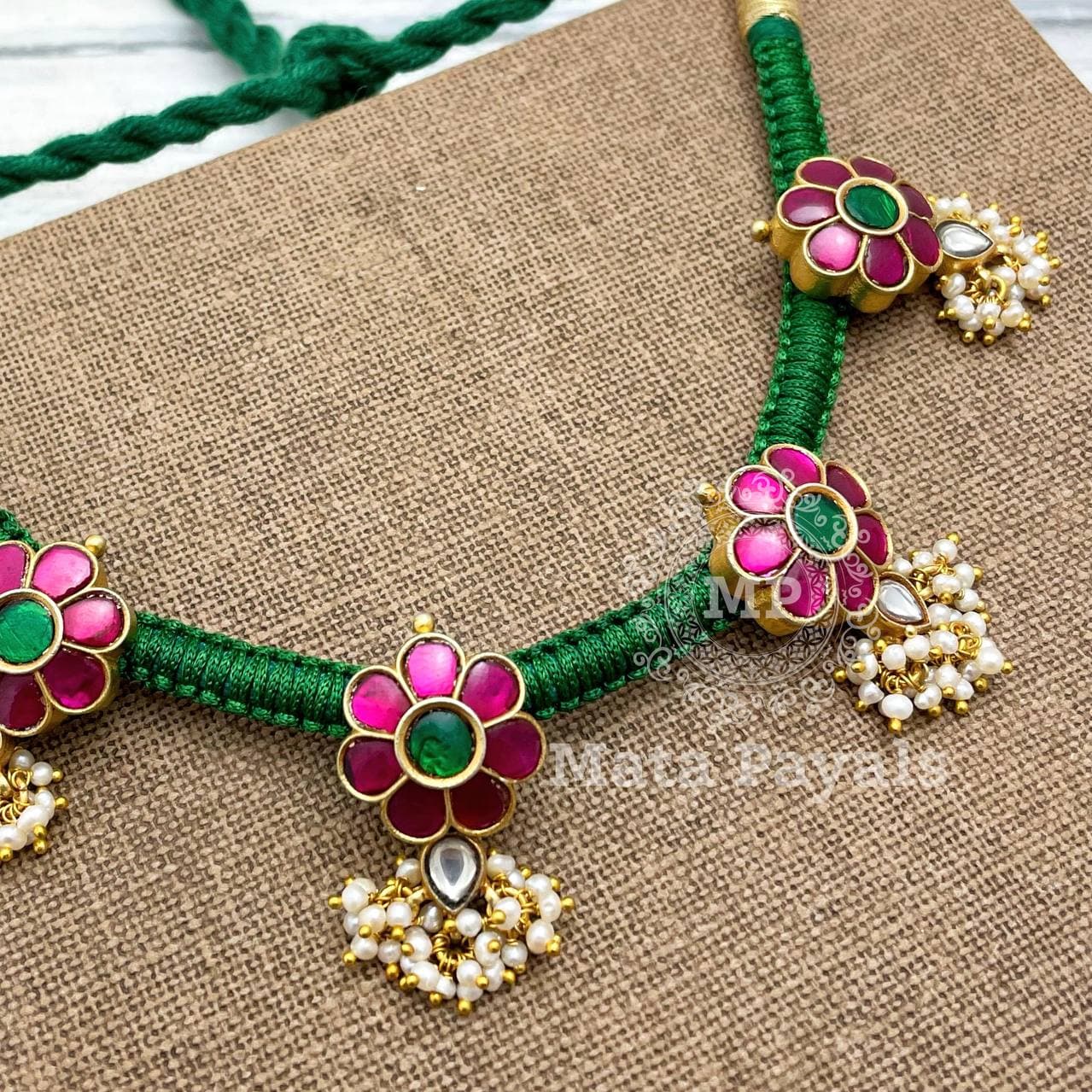 Green Flower Gold Polish Kundan Necklace Z
