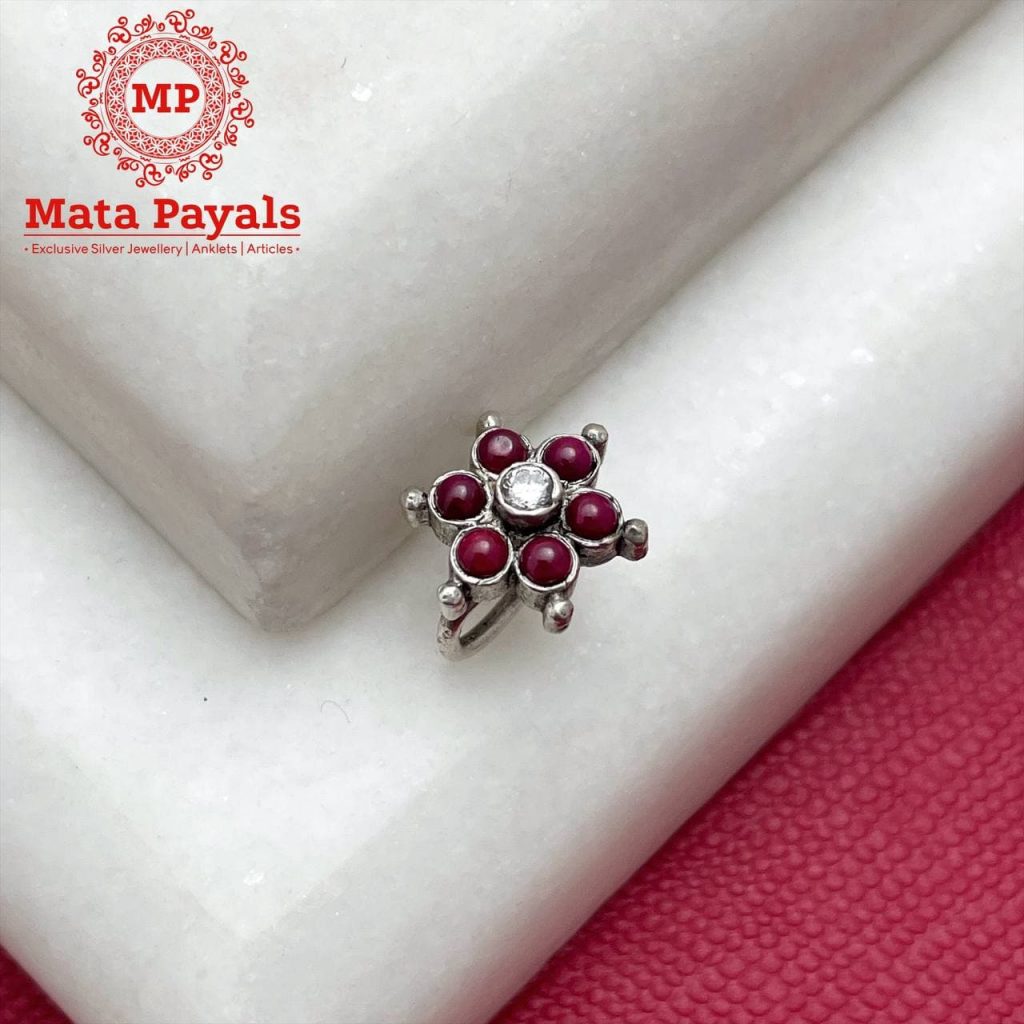 Red Spinel Flower SIlver Nose Pressing