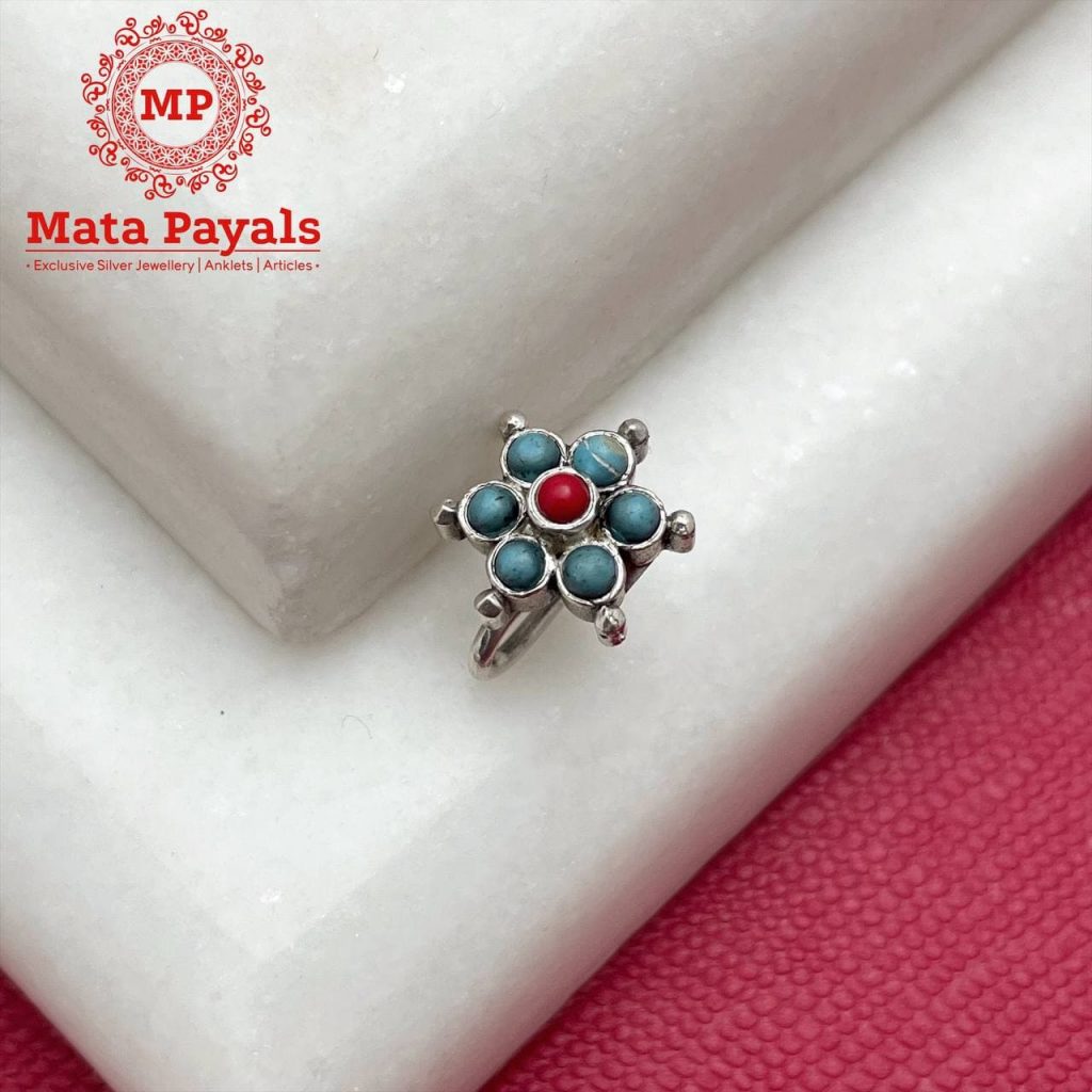 Turquoise Flower Silver Nose Pressing