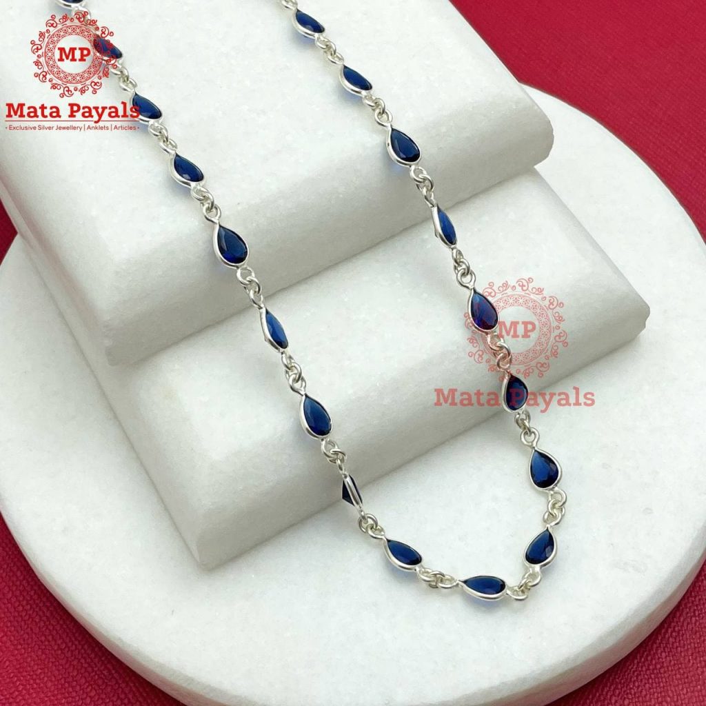 Blue Leaf Cut Stone Silver Neck Chain