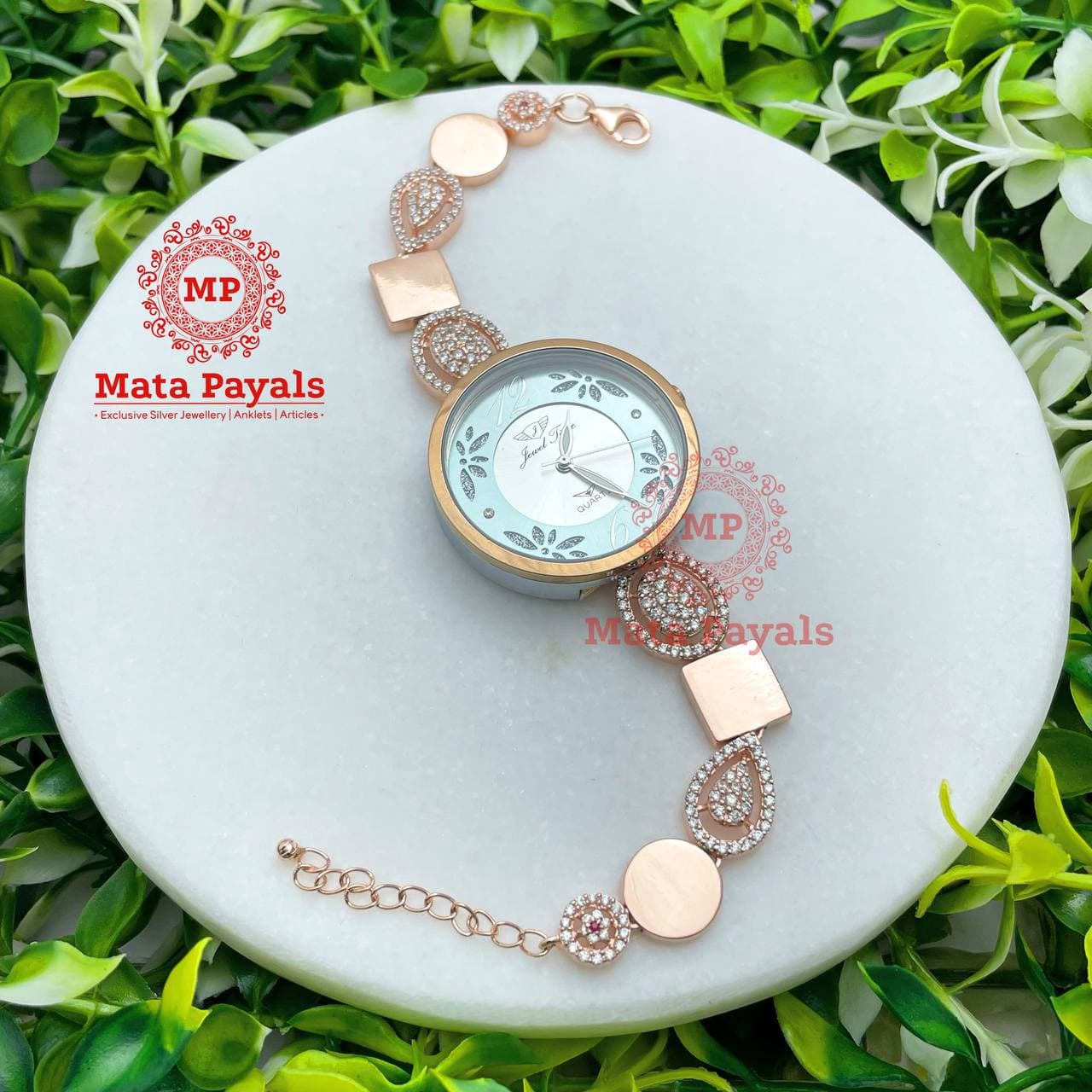 Leafy Blue Floral Rose Gold Silver Watch F