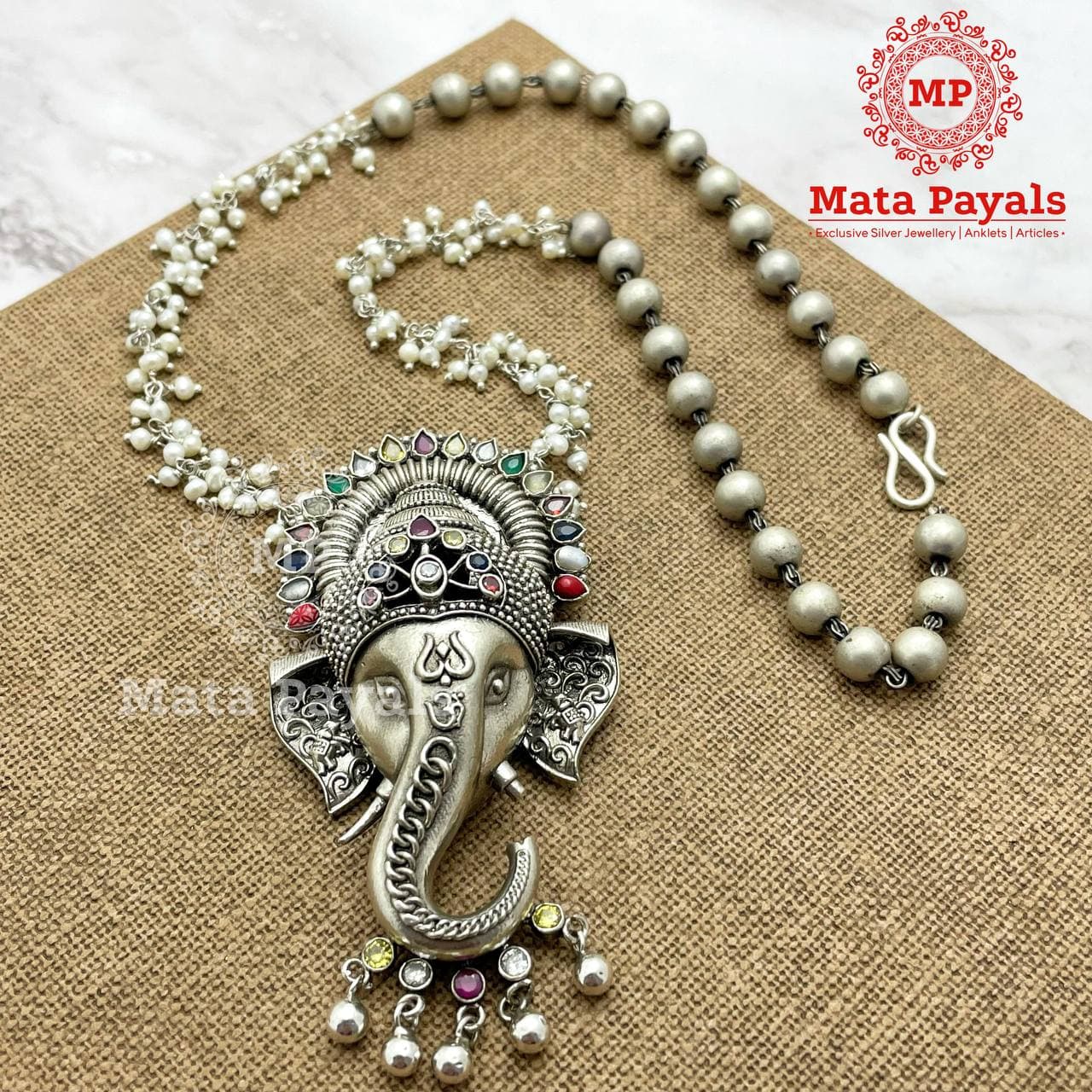 Navratan Shri Ganesha Oxidised Necklace F