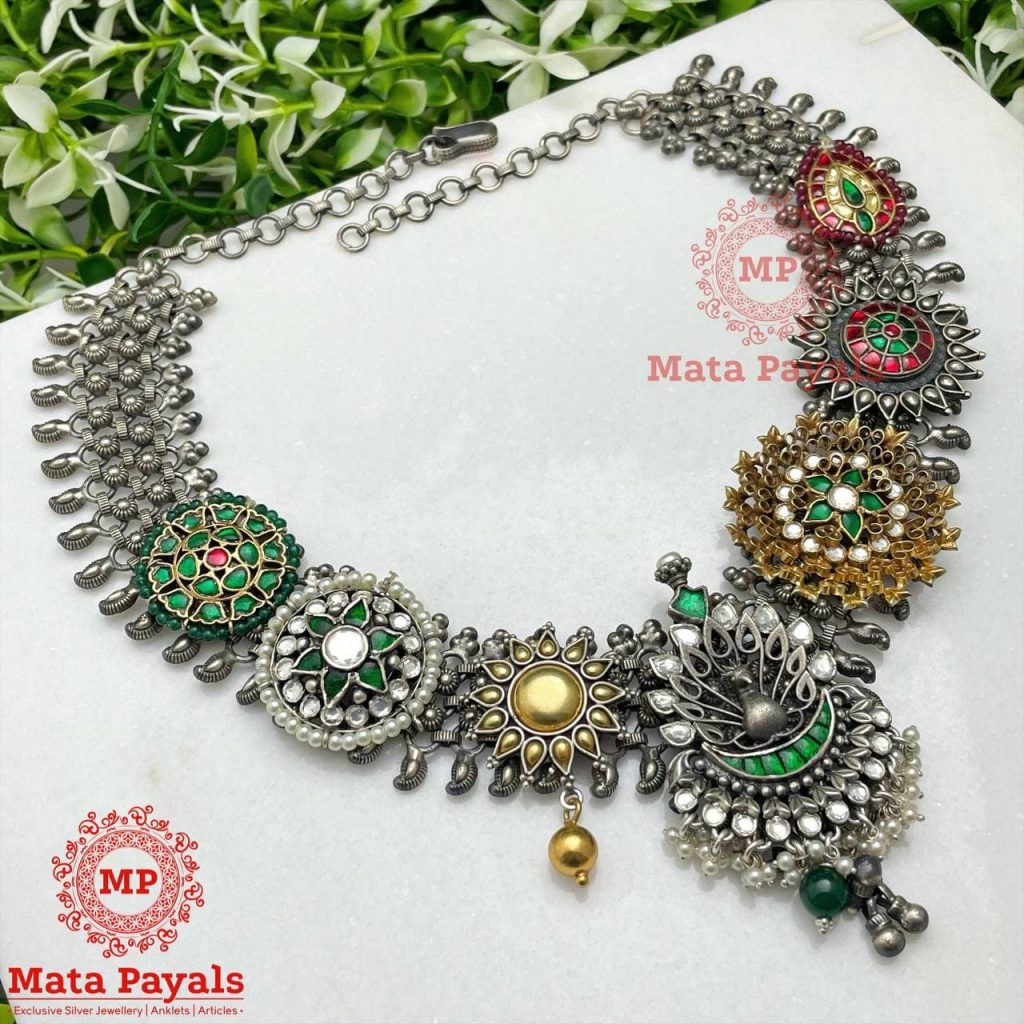Peacock Floral Two Tone Silver Necklace F