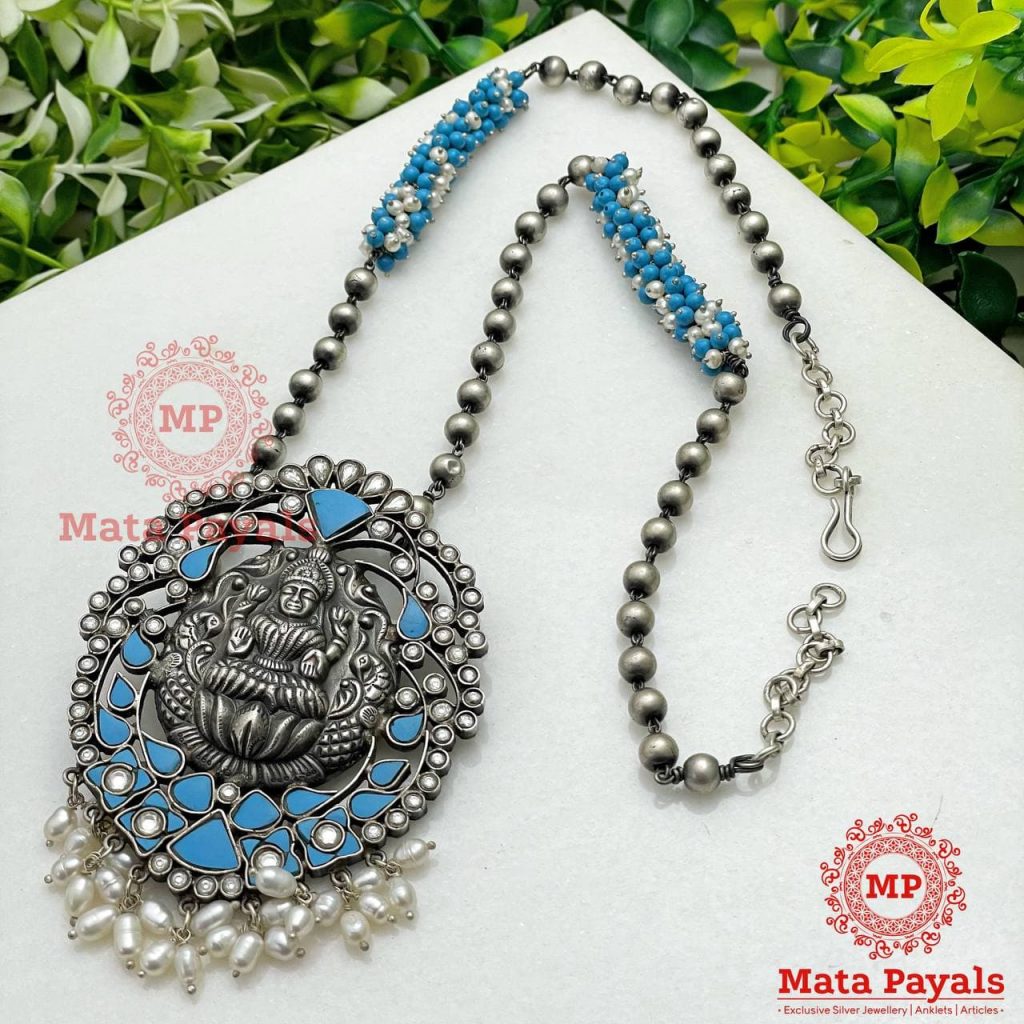 Devi Lakshmi Blue Oxidised Silver Necklace