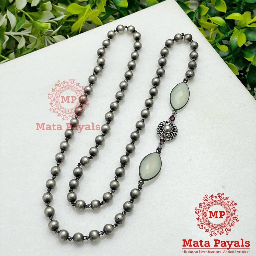 Floral Oxidised SIlver Beaded Neck Chain