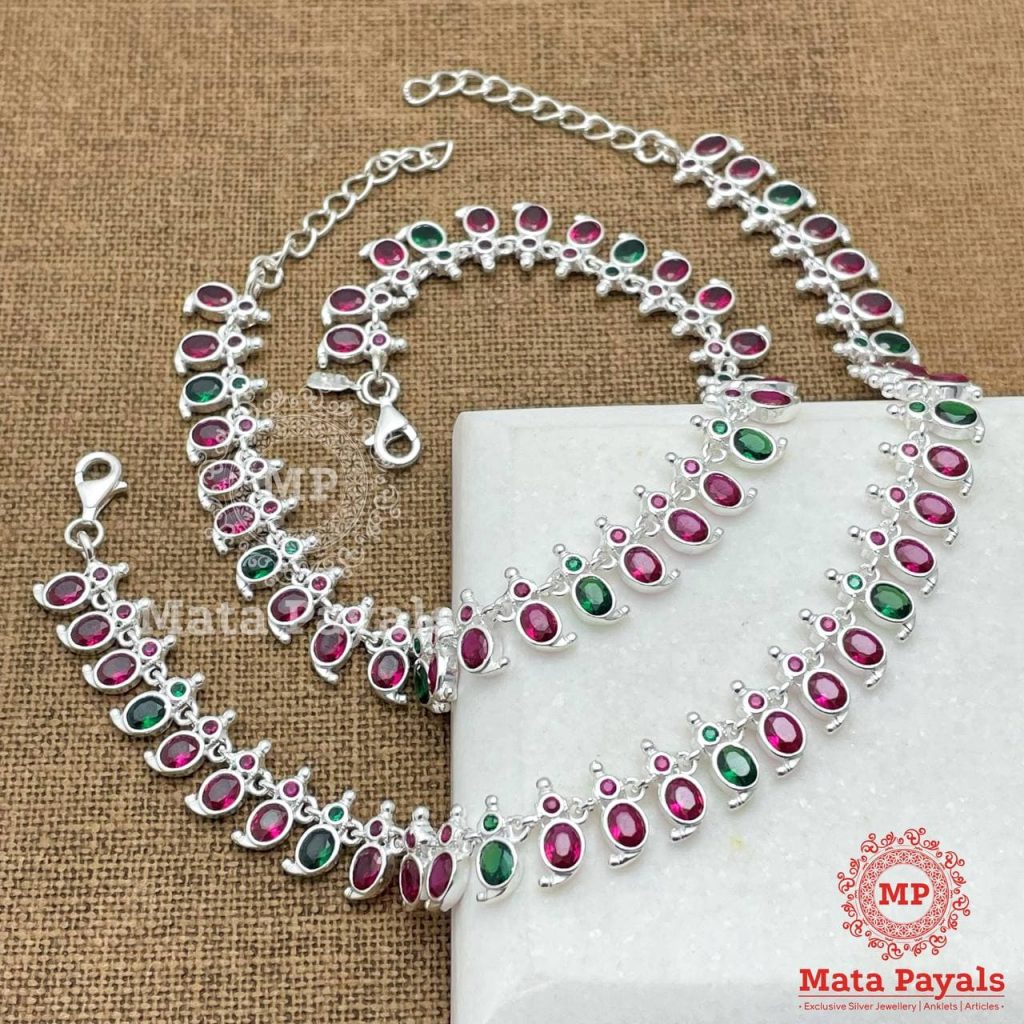 Red Green Mango Silver Anklet