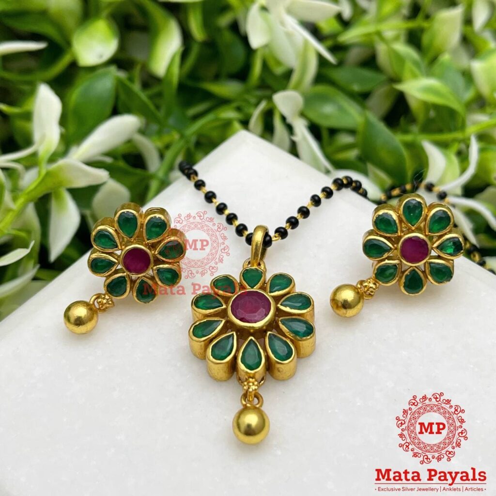 Green Red Floral Gold Plated Mangalsutra