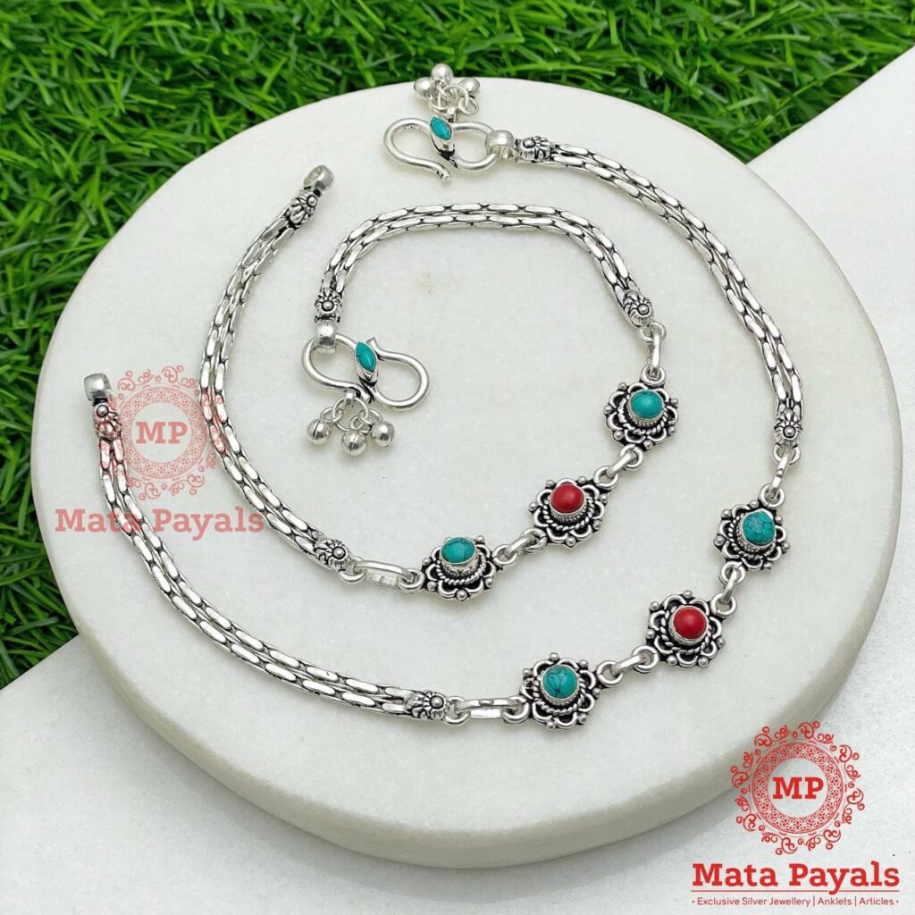 Coral Turquoise Silver Anklet