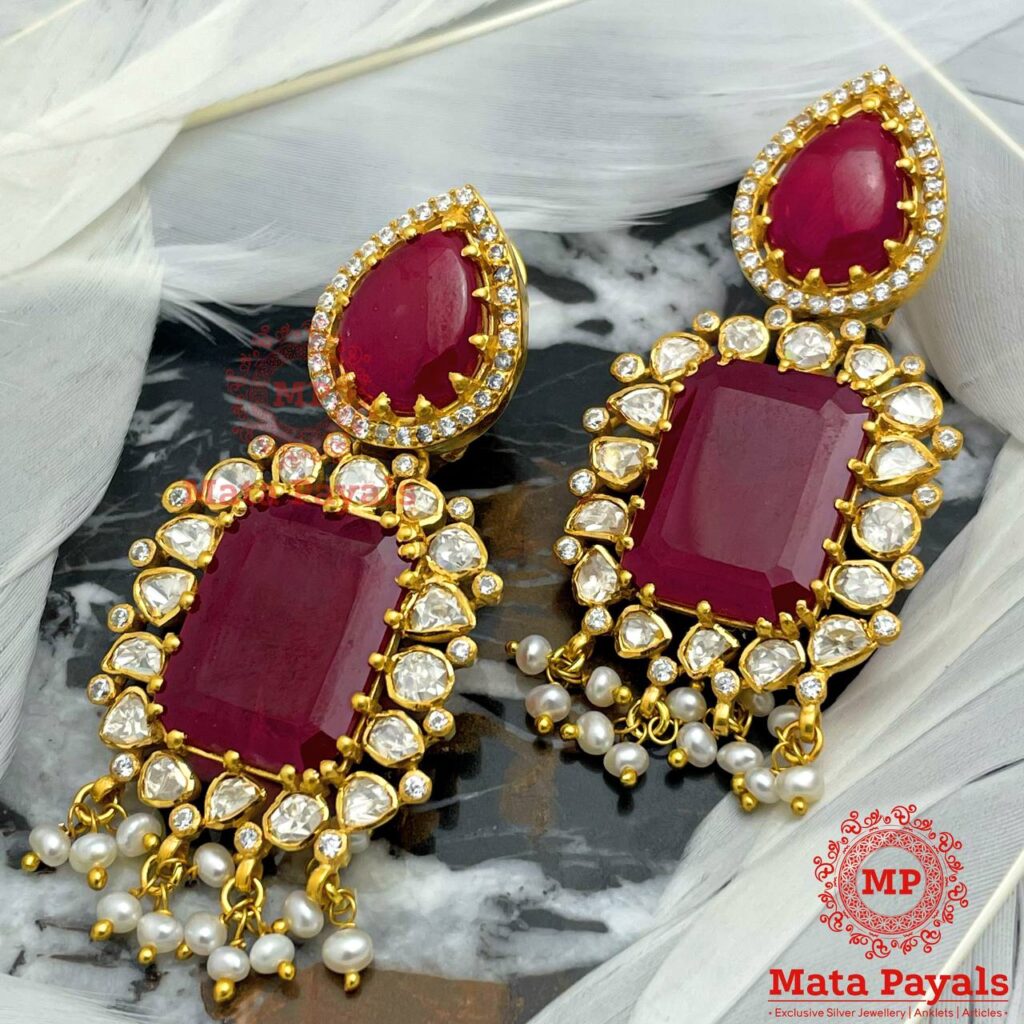 Matte Gold Finish Chandbali Earrings with Emerald and Pearl drops | Tr –  Indian Designs