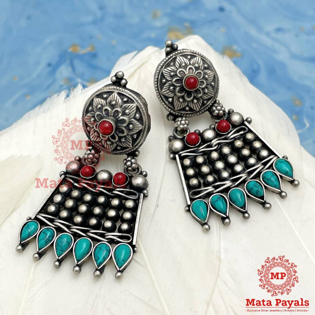 Coral Turquoise Silver Earring