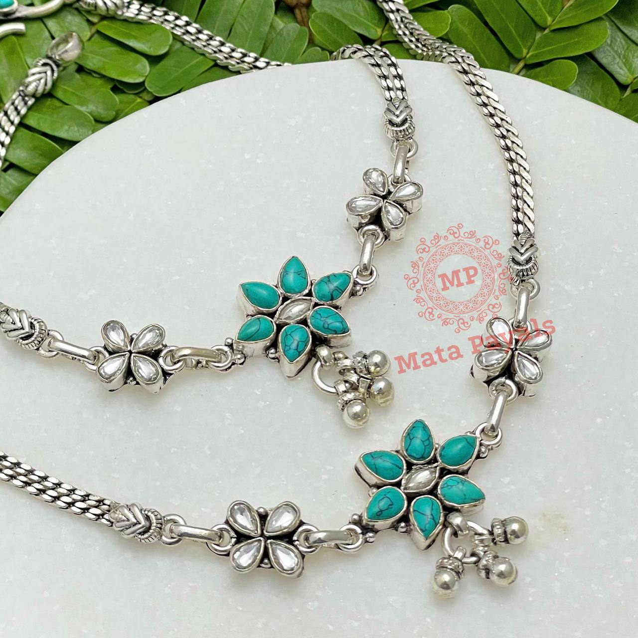 Flower Turquoise Silver Anklet.
