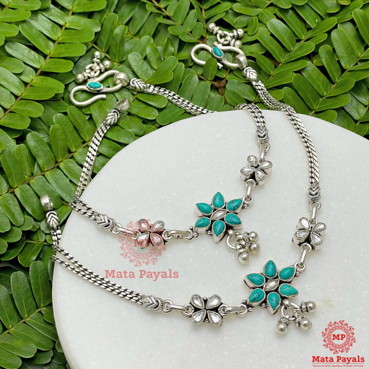 Flower Turquoise Silver Anklet