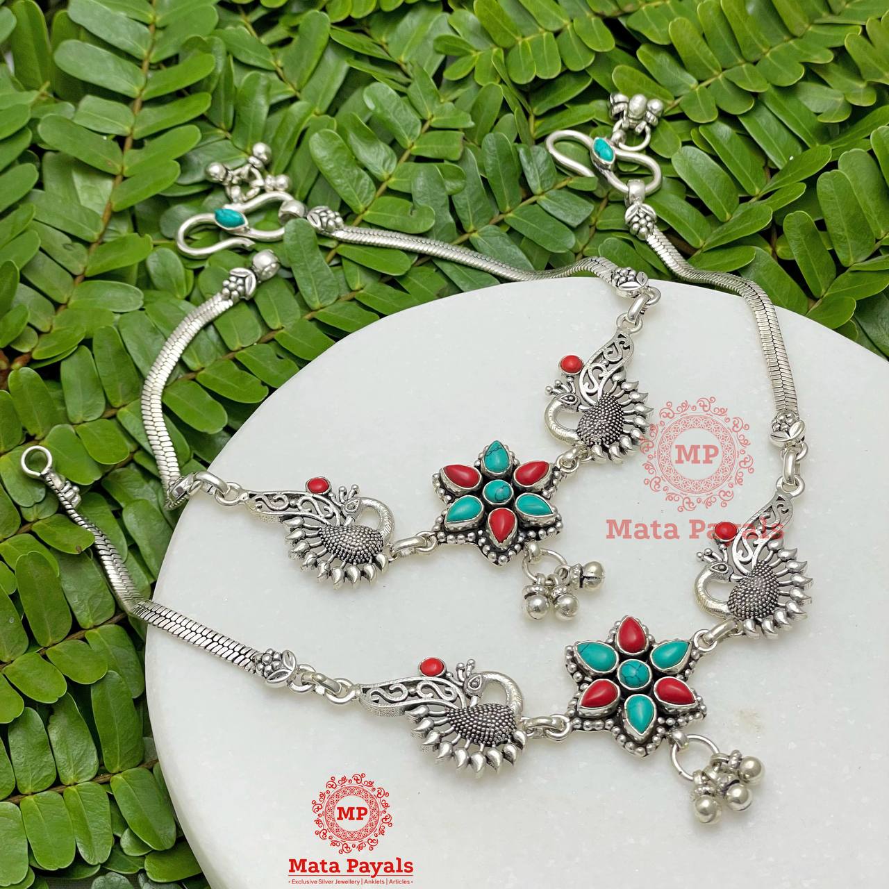 Peacock Coral Turquoise Silver Anklet