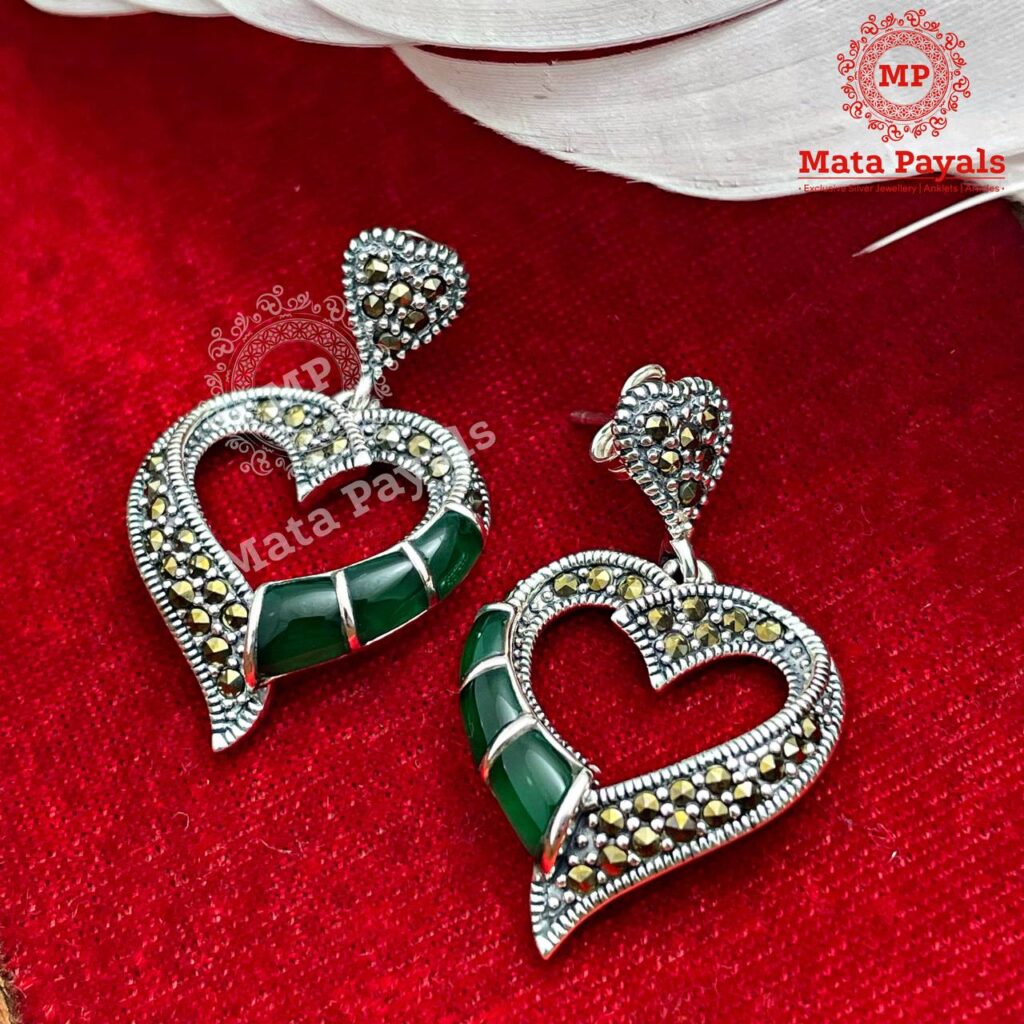Green Heart Marcasite Silver Earring