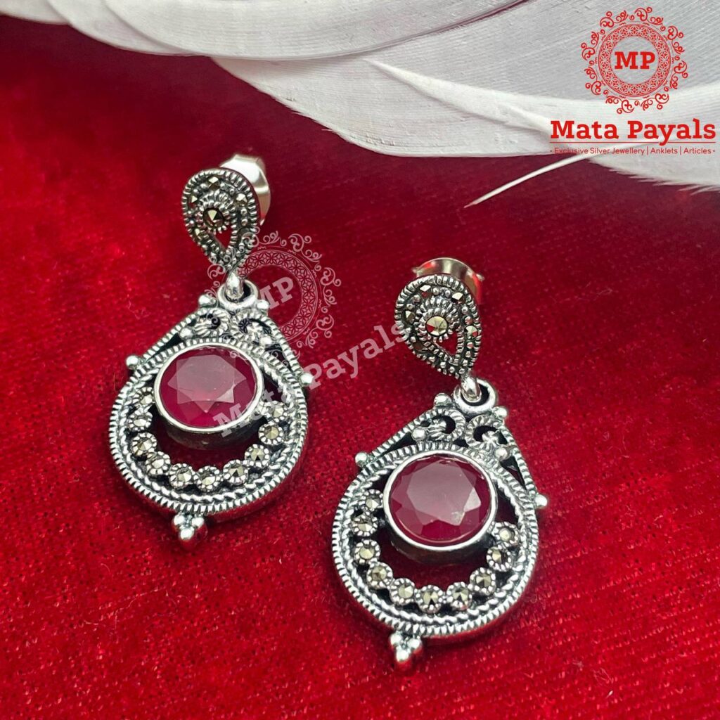 Red Marcasite Silver Earring