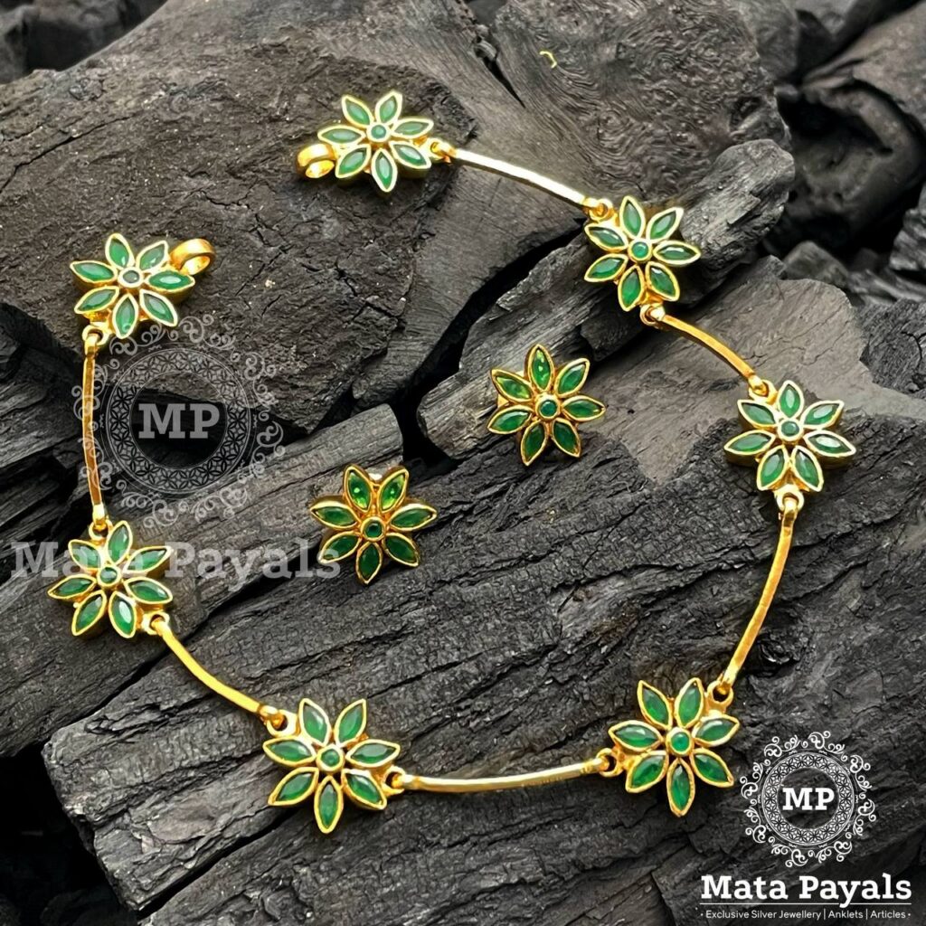Statement green gemstone flower necklace set at ₹3550 | Azilaa