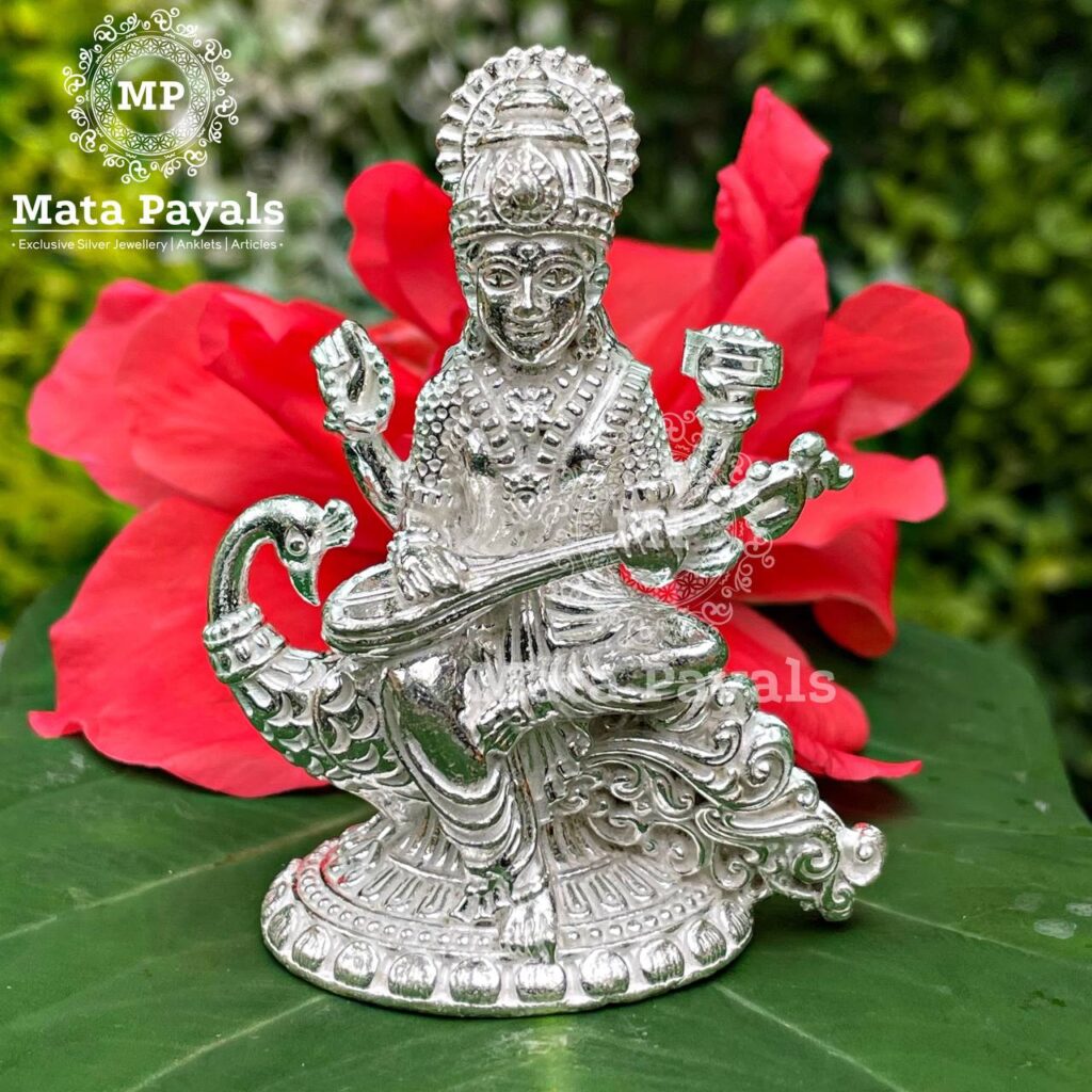 Devi Saraswati Silver Idol