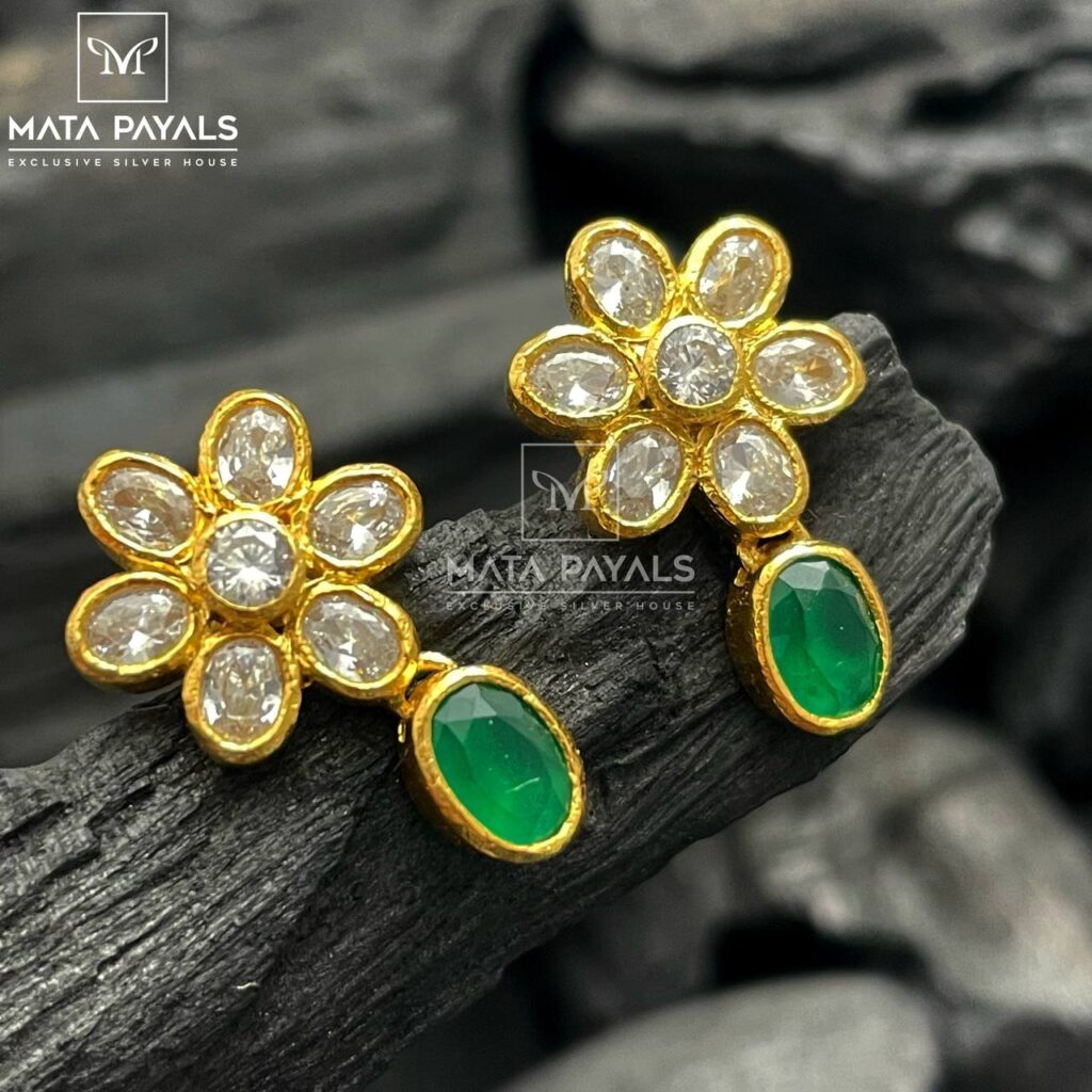 Floral Green Gold Plated Stud