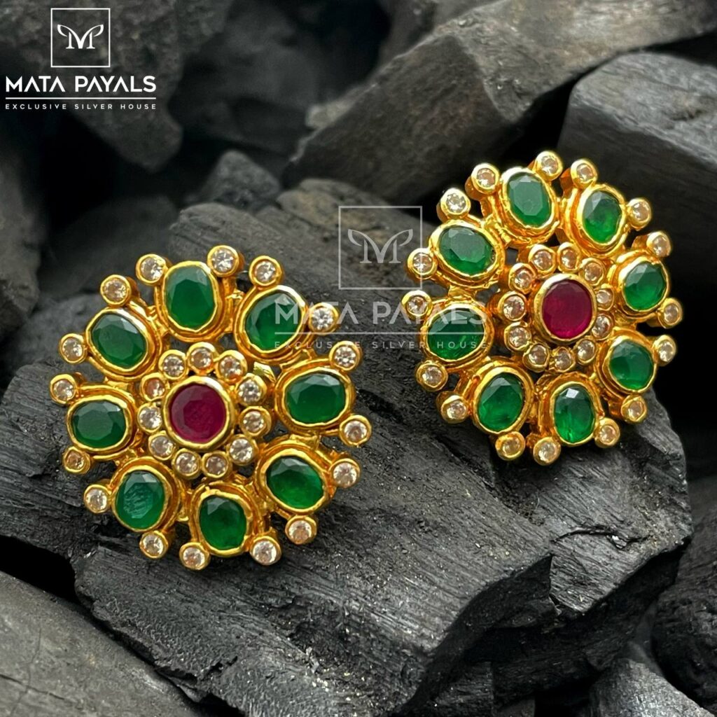Green Floral Gold Silver Earring
