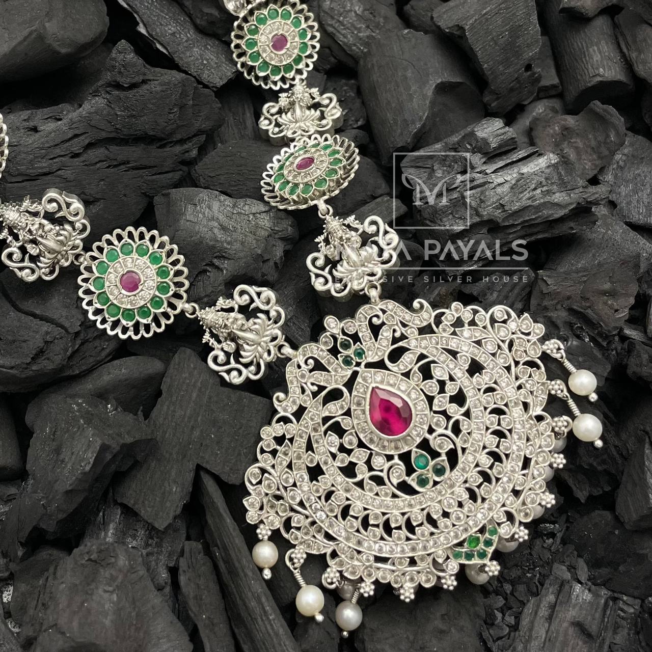 Shri Lakshmi Green Silver Necklace.