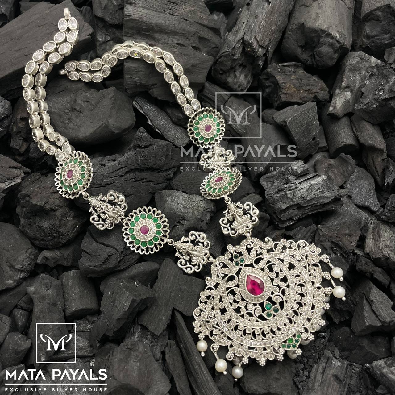 Shri Lakshmi Green Silver Necklace